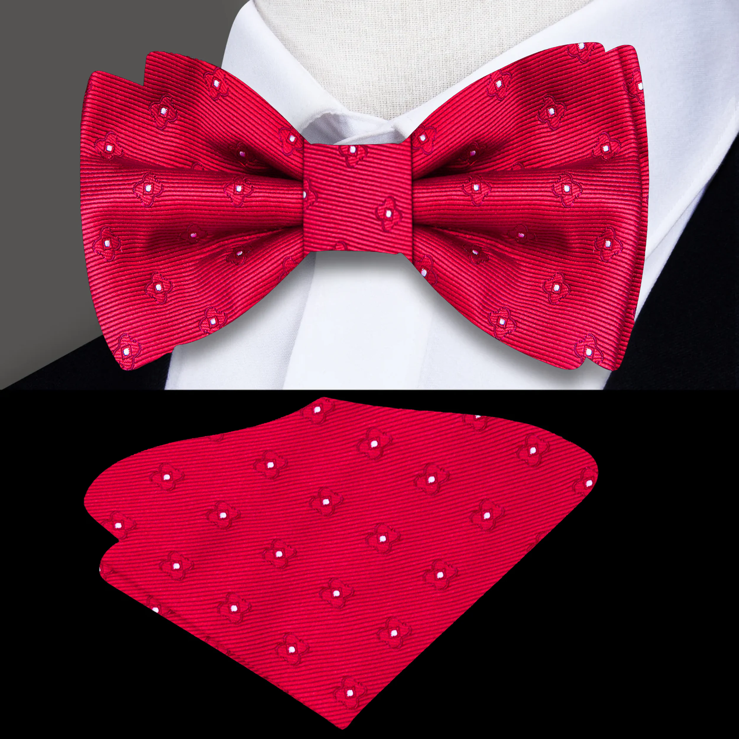 Red bow tie and matching pocket square on a mannequin with a white shirt.