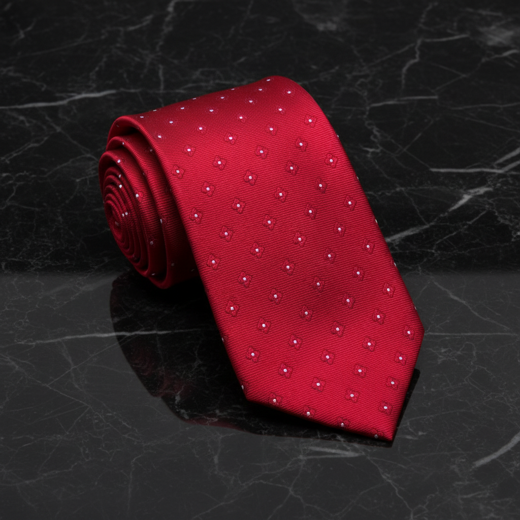 Red tie with a subtle pattern on a dark marble surface
