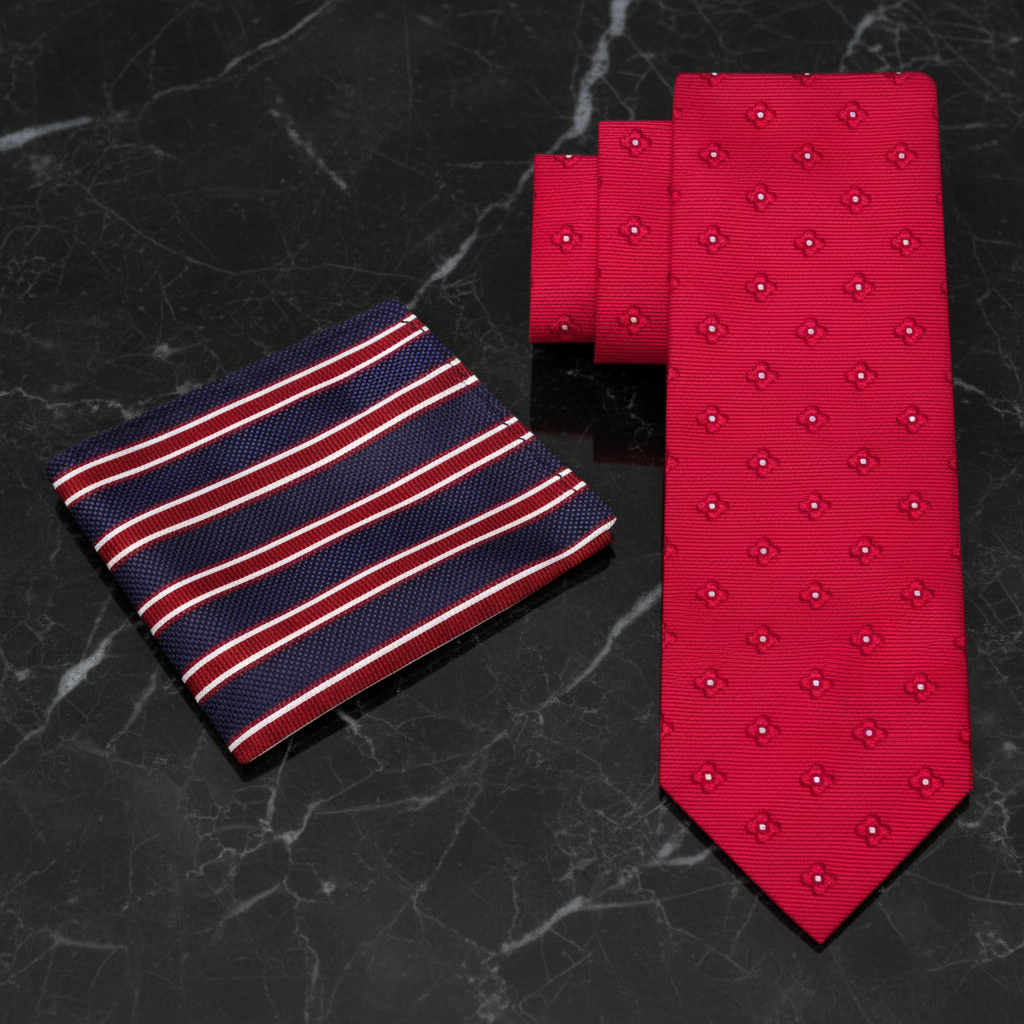Red patterned tie and accenting pocket square on a dark marble surface