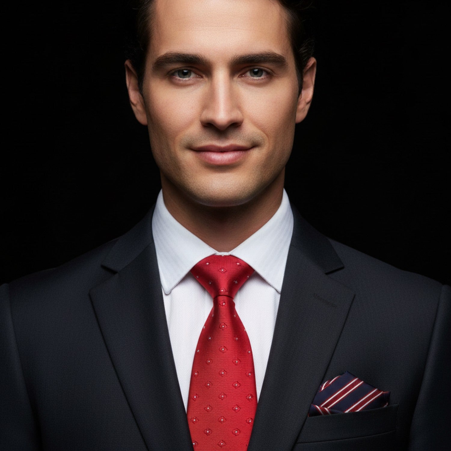 Man wearing a dark suit with a red tie and white shirt against a black background