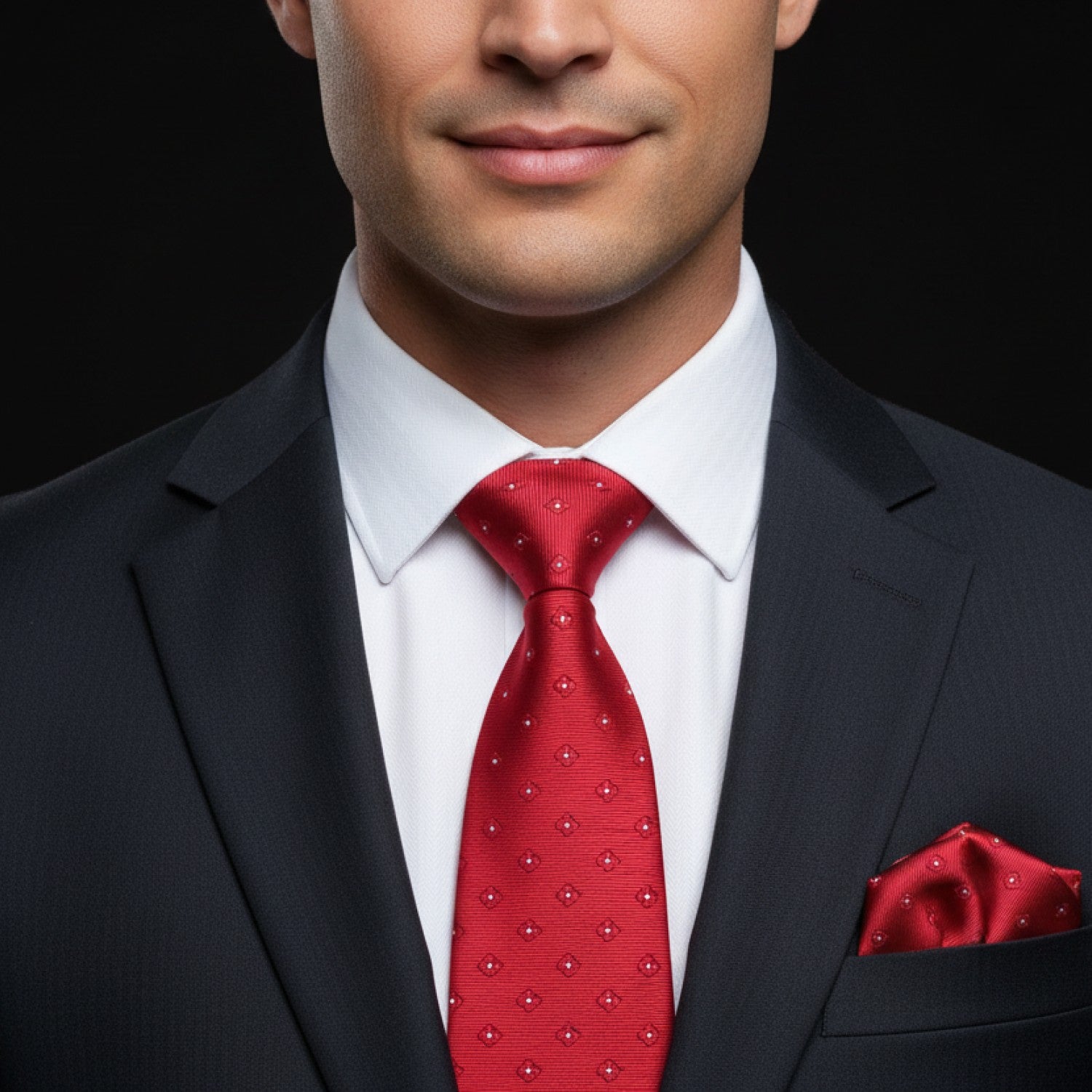Man wearing a dark suit with a red tie and pocket square on a black background