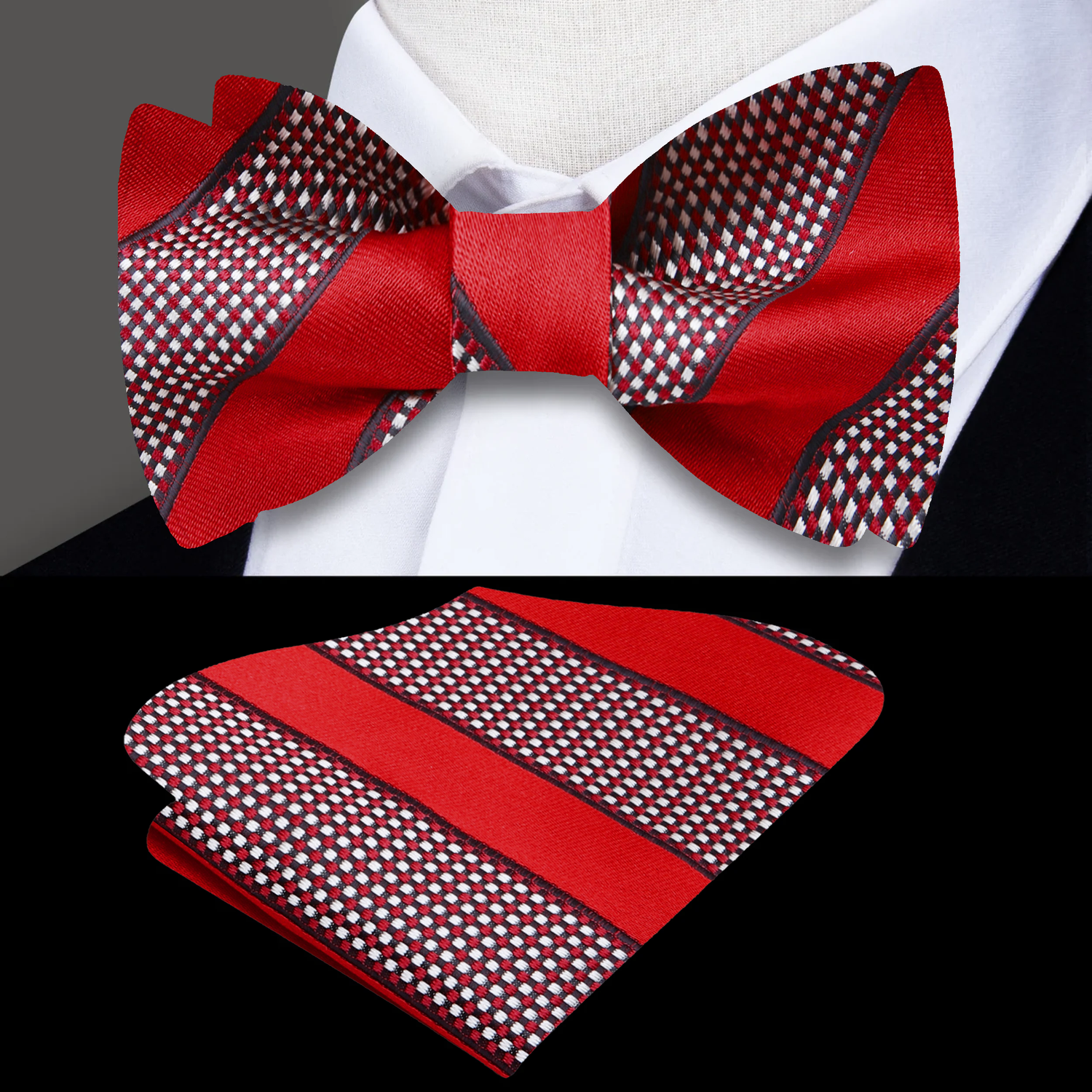 Red, Brown Stripe Bow Tie and Pocket Square
