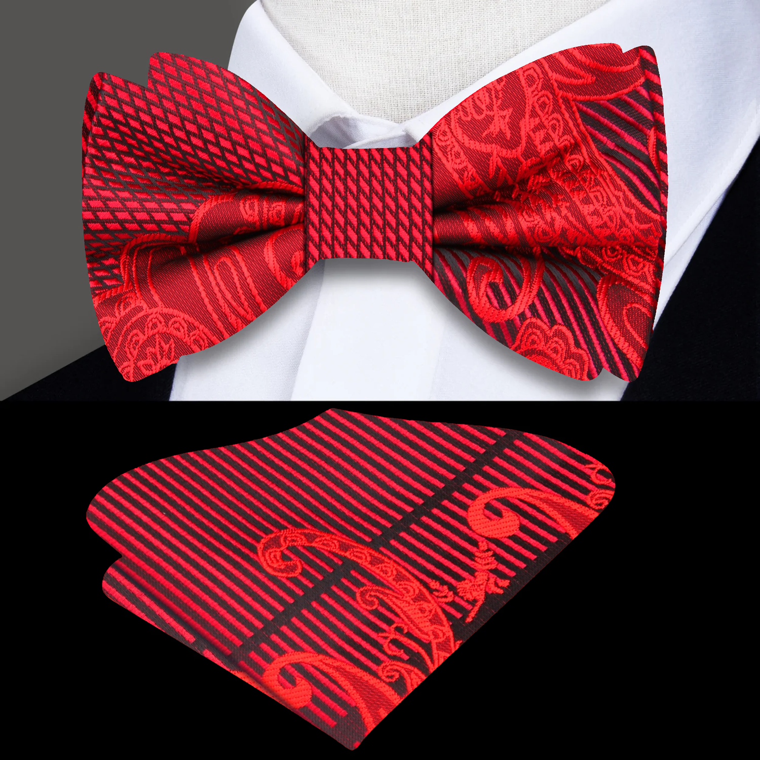 Main View: Red Paisley Bow Tie and Pocket Square