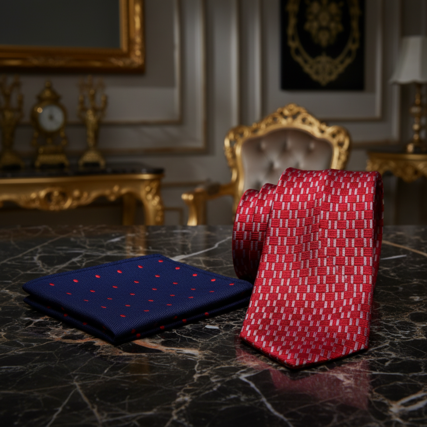 A men's necktie and pocket square set on a white background. The necktie is red with a white vertical stripe pattern, and the matching pocket square is navy blue with small red polka dots. 