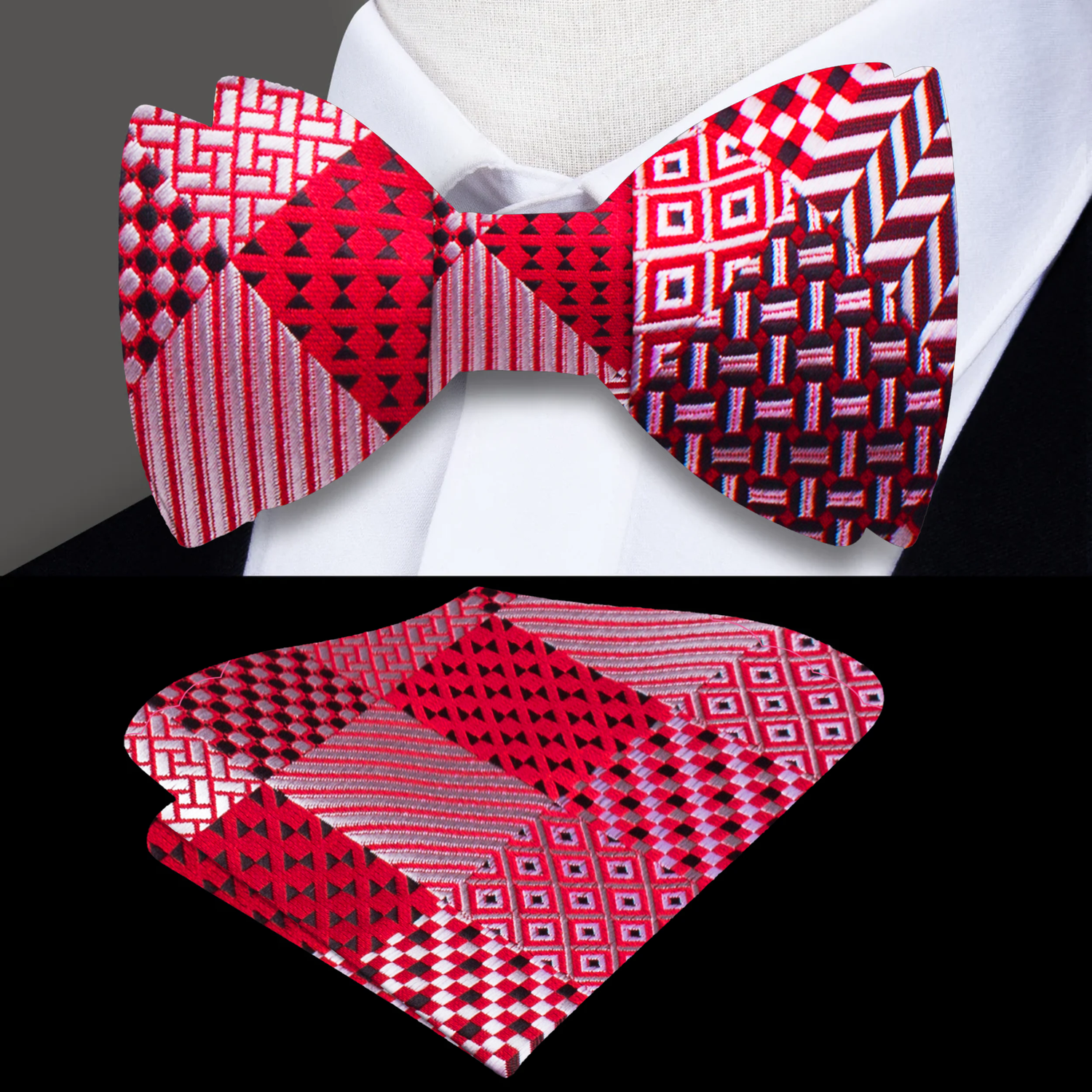 Red Geometric Bow Tie and Pocket Square||Red