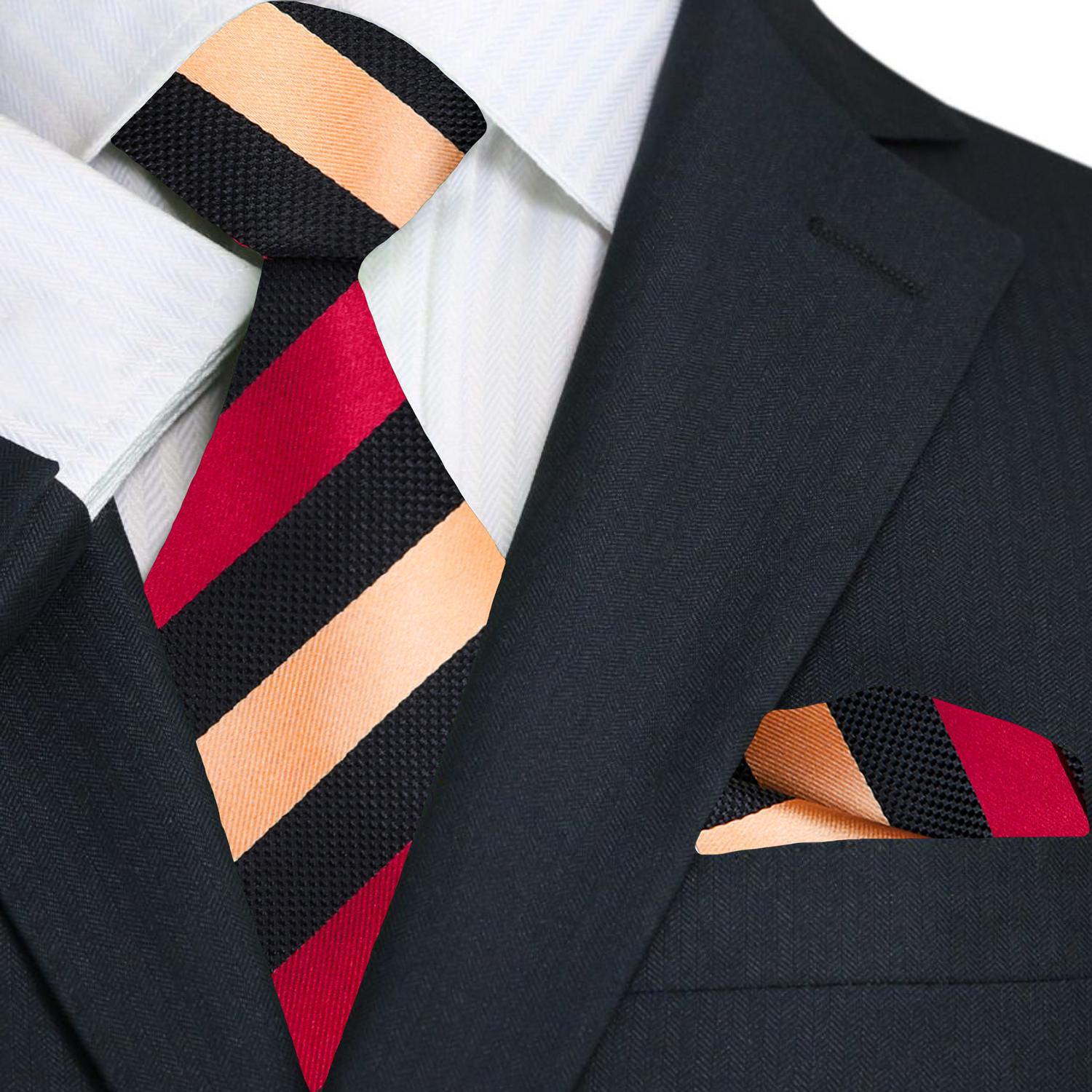 Main: Gold, Black, Burgundy Stripe Tie and Pocket Square||Black, Gold, Deep Red