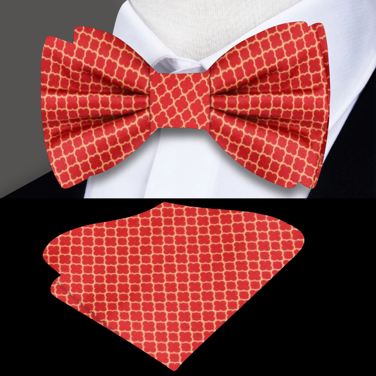 Red Gold Quatrefoil Bow Tie and Pocket Square