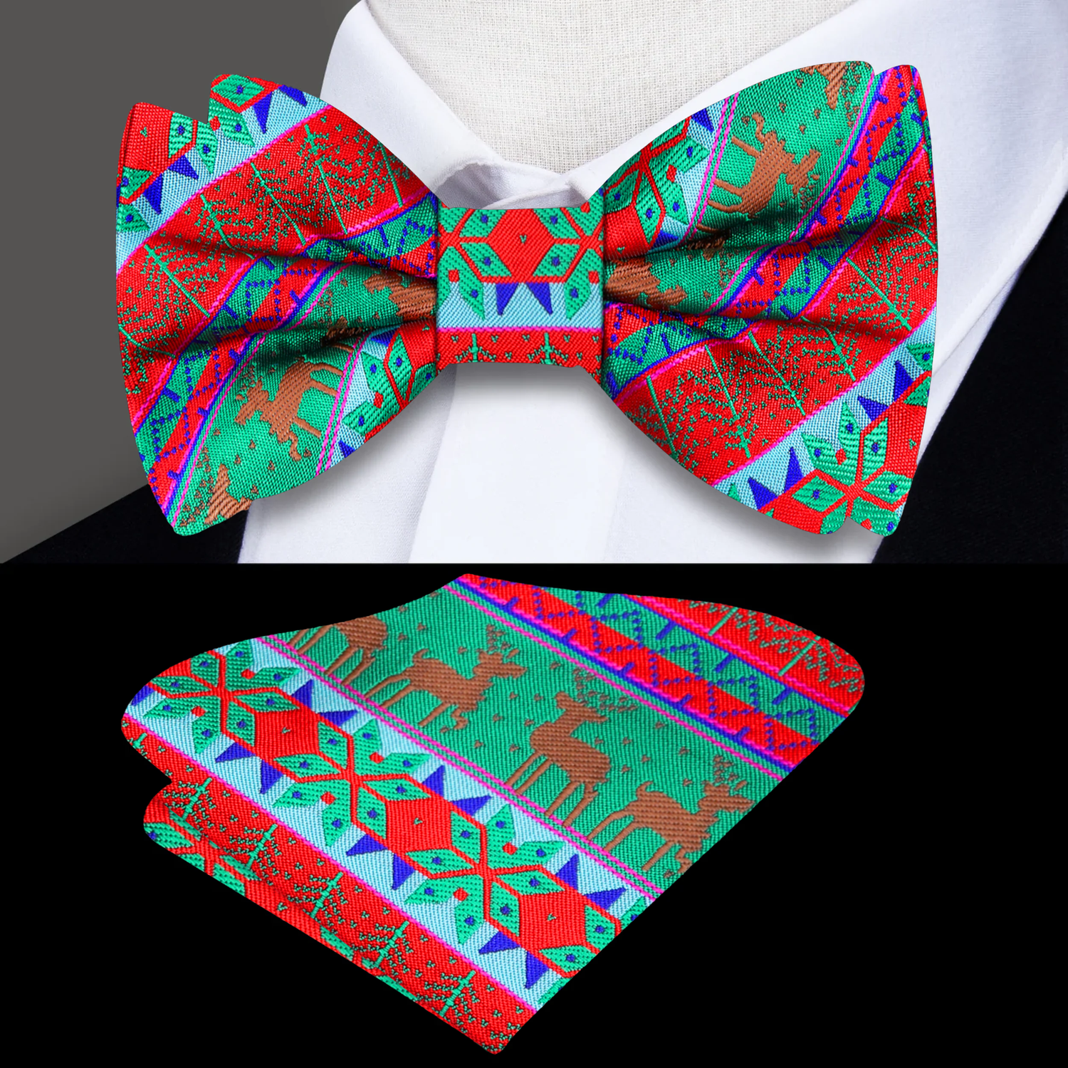 View 1 Red Green Reindeer Snow Flake Christmas Tree Bow Tie and Square