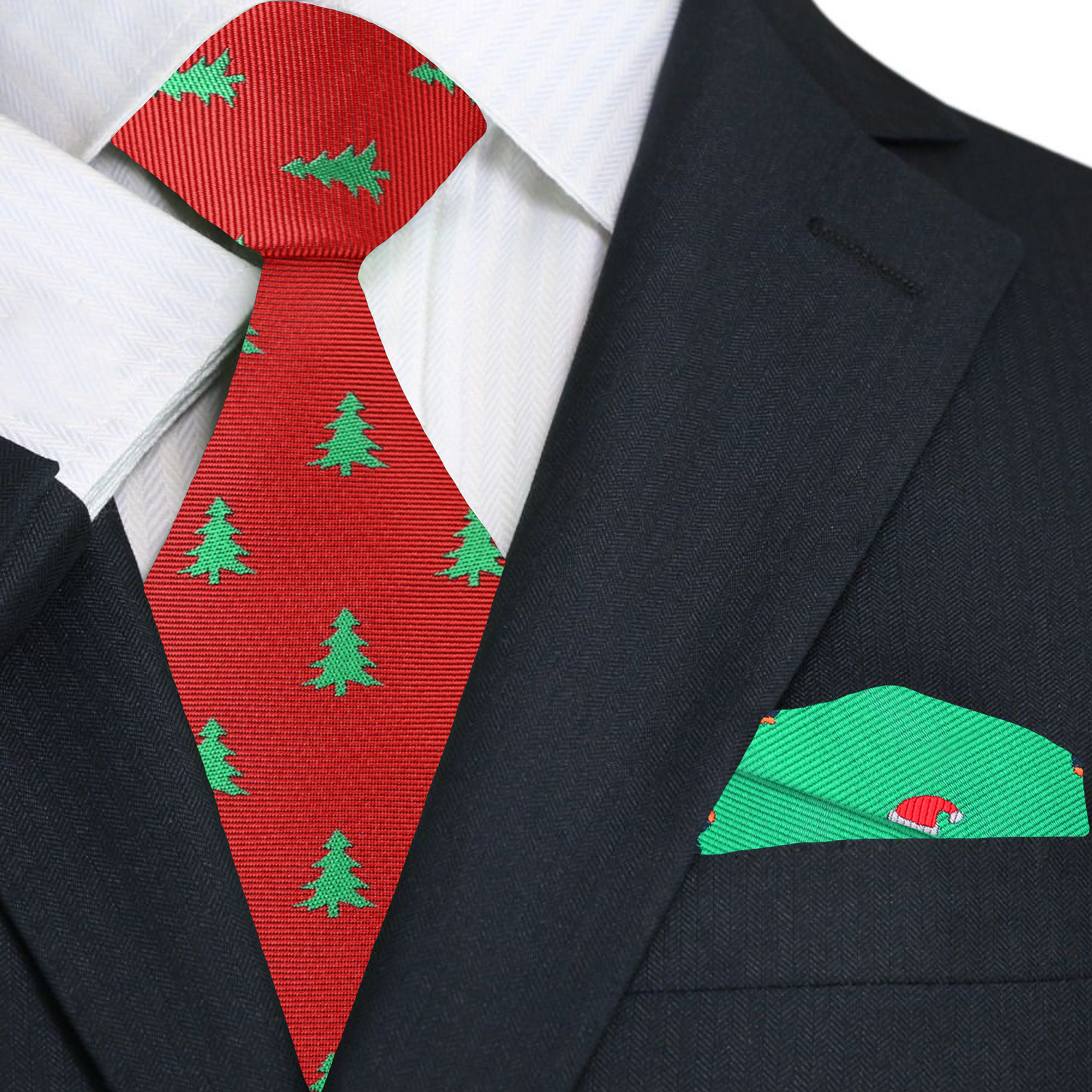 Green Christmas Trees Necktie On Red with Pocket Square Option Necktie & Accenting Square / XL (63
