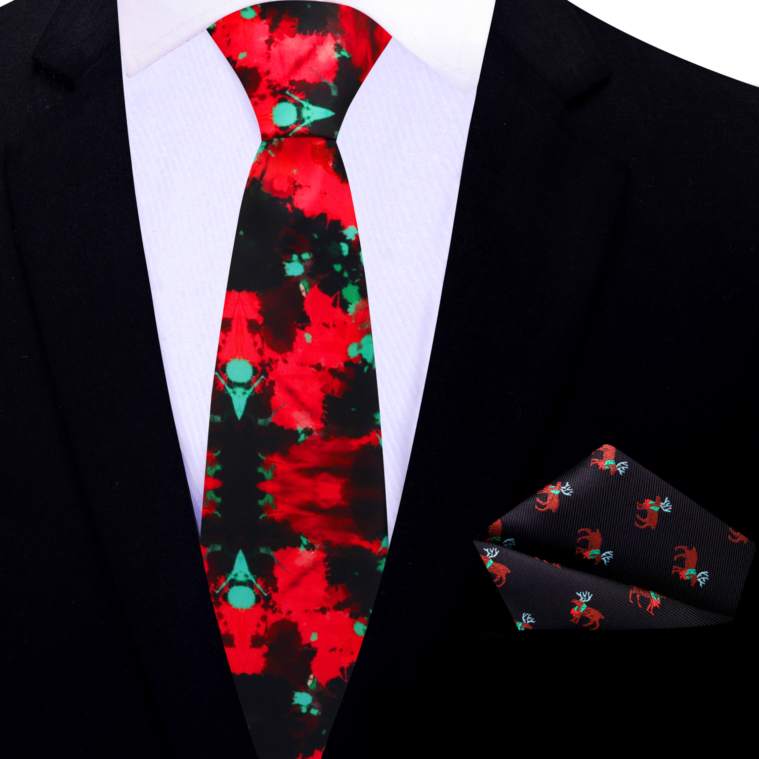 Thin Red and Green Inkblot Tie and Accenting Square