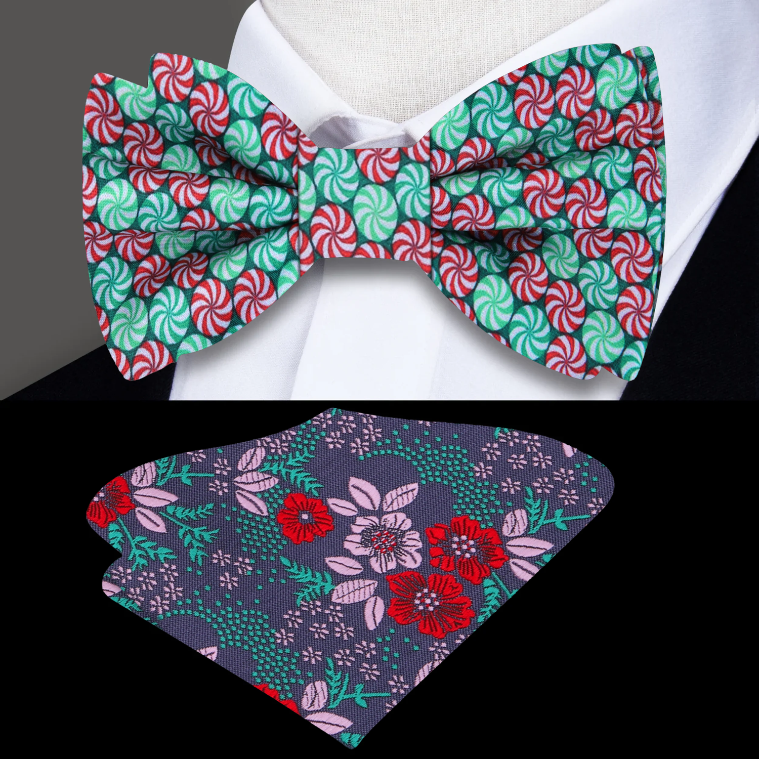Green, Red Christmas Candy Bow Tie and Floral Pocket Square