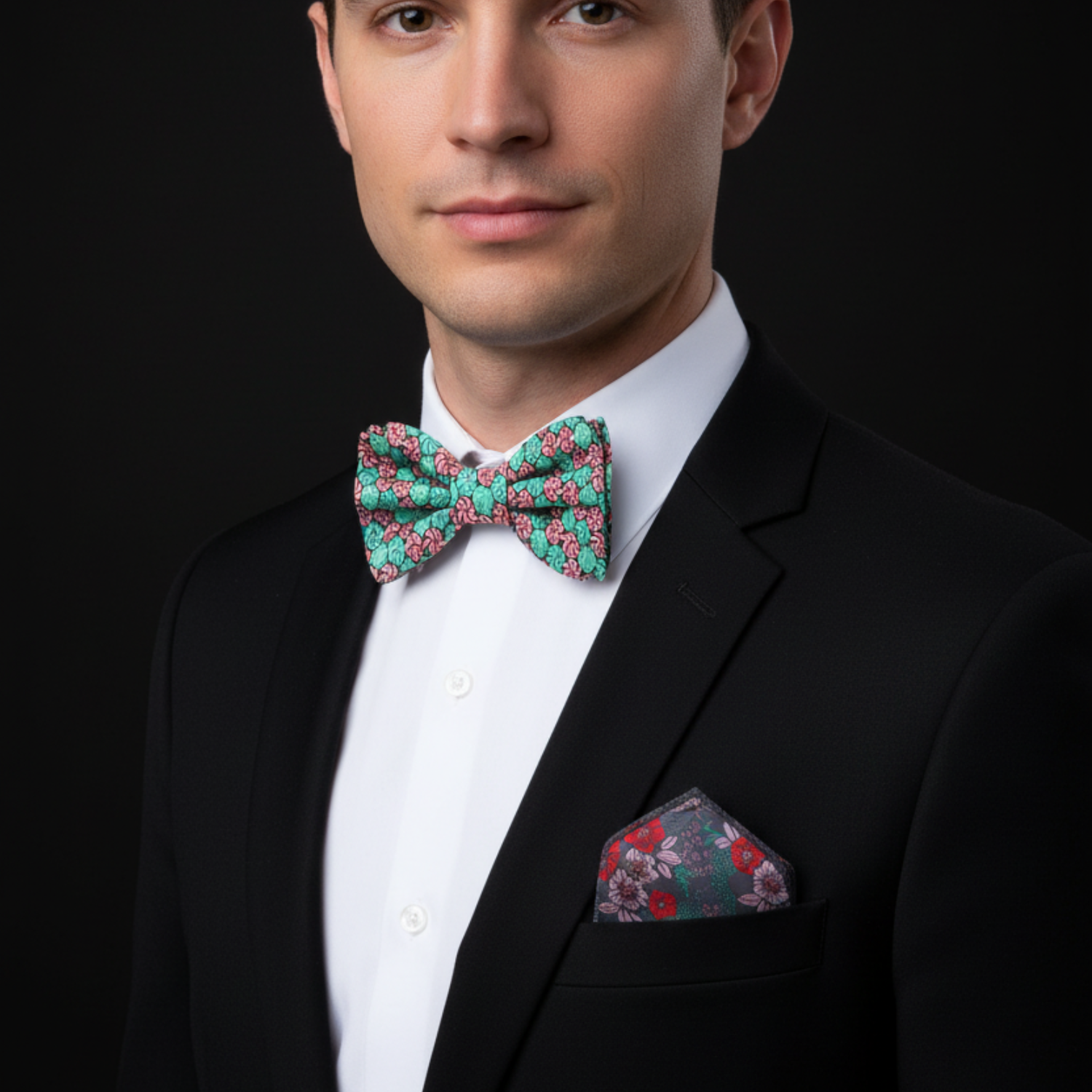 Green and Red Christmas Candy Bow Tie and Accenting Floral Square on Man with Suit