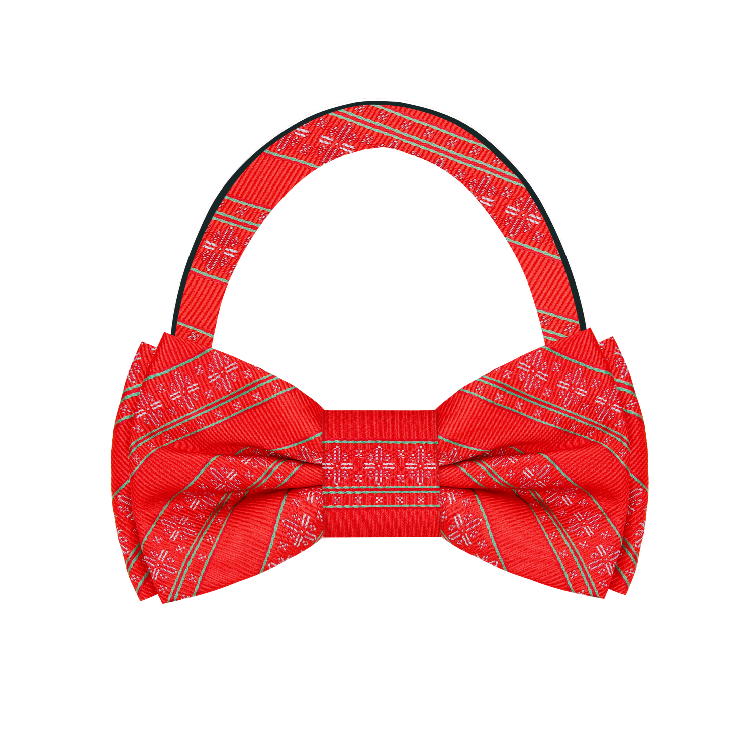 Red Silk with Green Stripe and Snowflake Bow Tie Pre Tied
