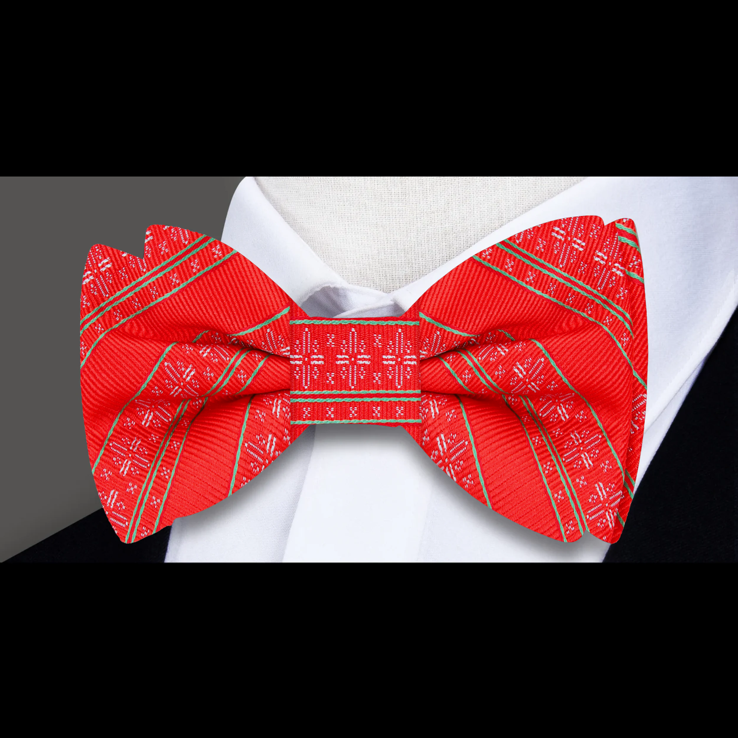 Red Silk with Green Stripe and Snowflake Bow Tie