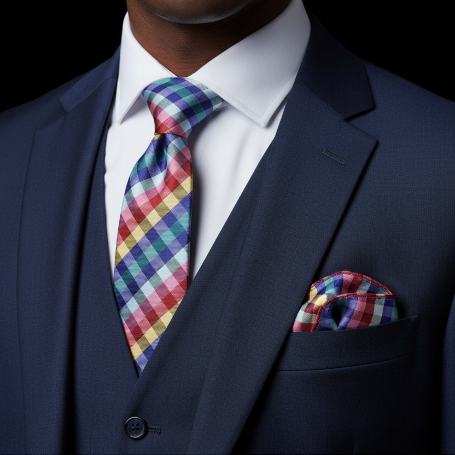 Navy suit with a colorful plaid tie and pocket square on a black background