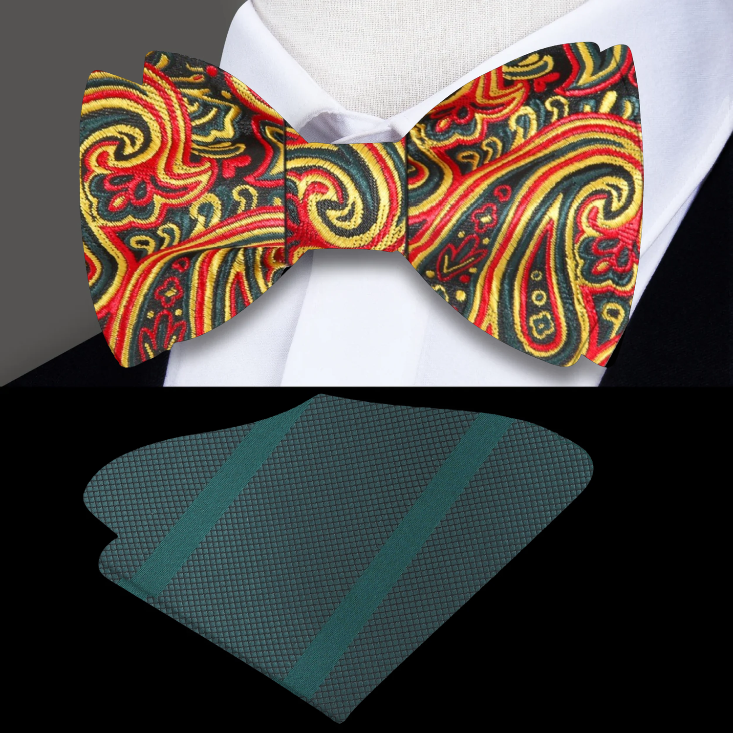 Green, Red, Yellow Paisley Bow Tie and Green Square