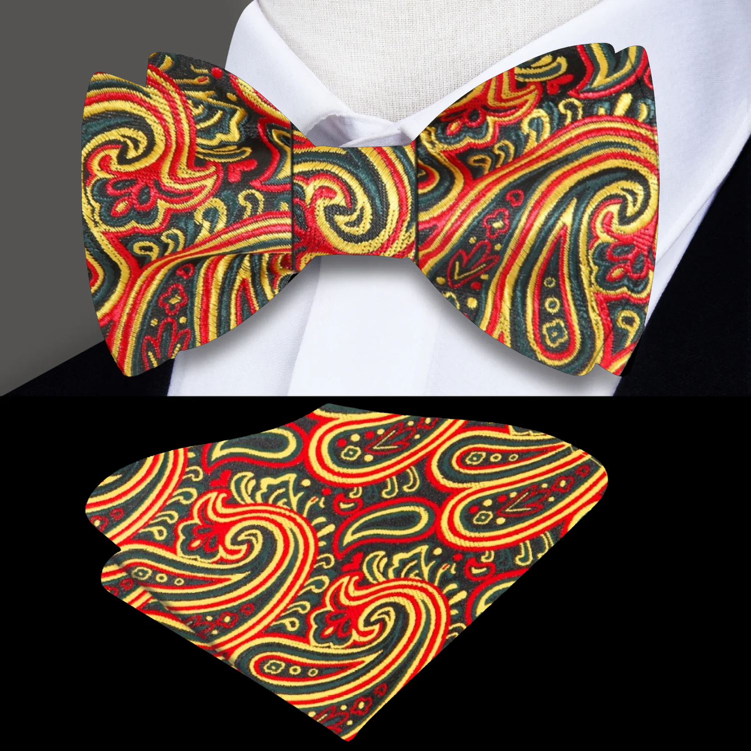 Green, Red, Yellow Paisley Bow Tie and Matching Square
