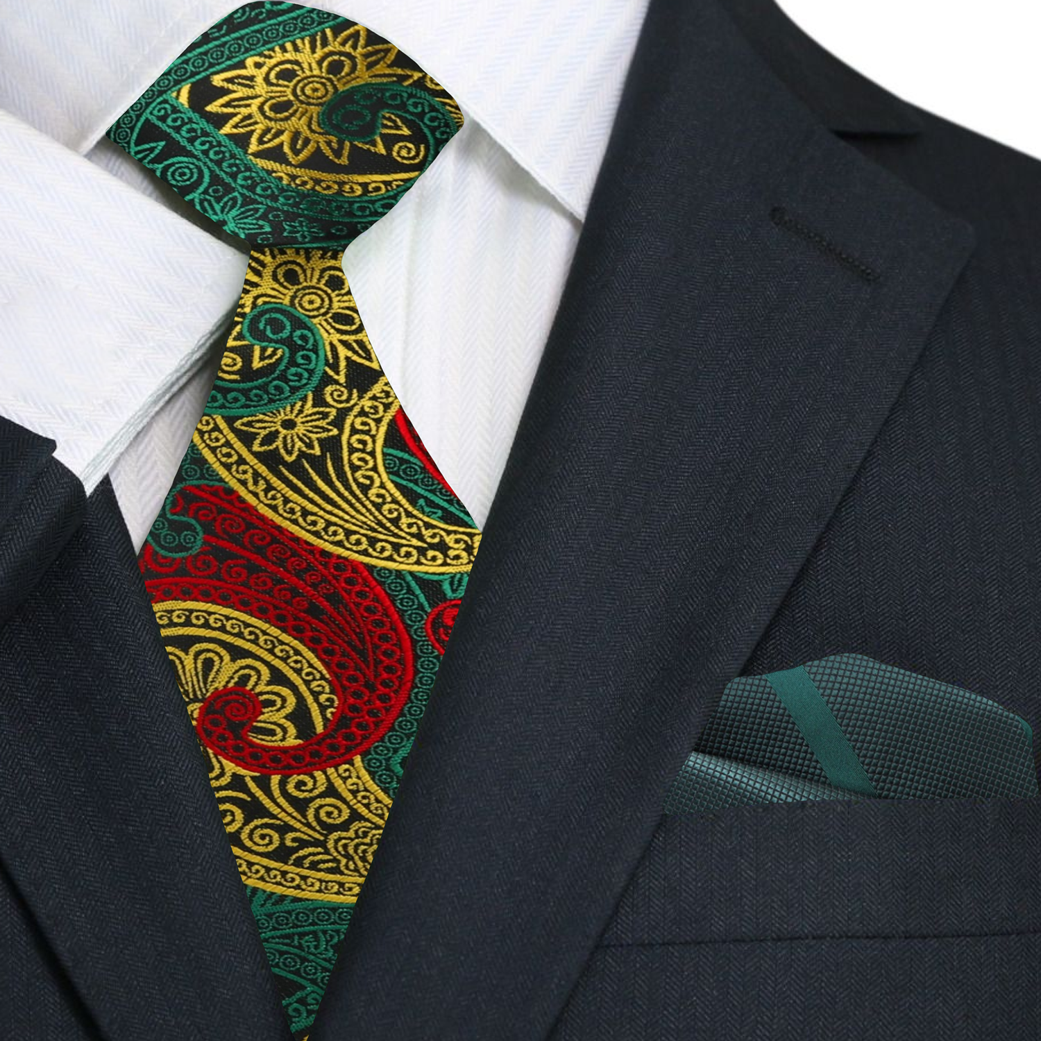 Christmas Paisley Necktie in Red, Green, Gold & Black with Pocket Square Necktie & Accenting Square / XL (63