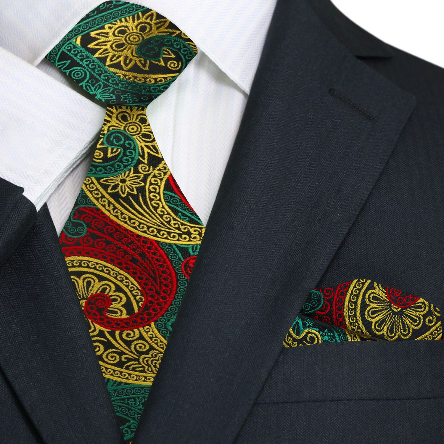 Black, Green, Yellow and Red Paisley Necktie and Square