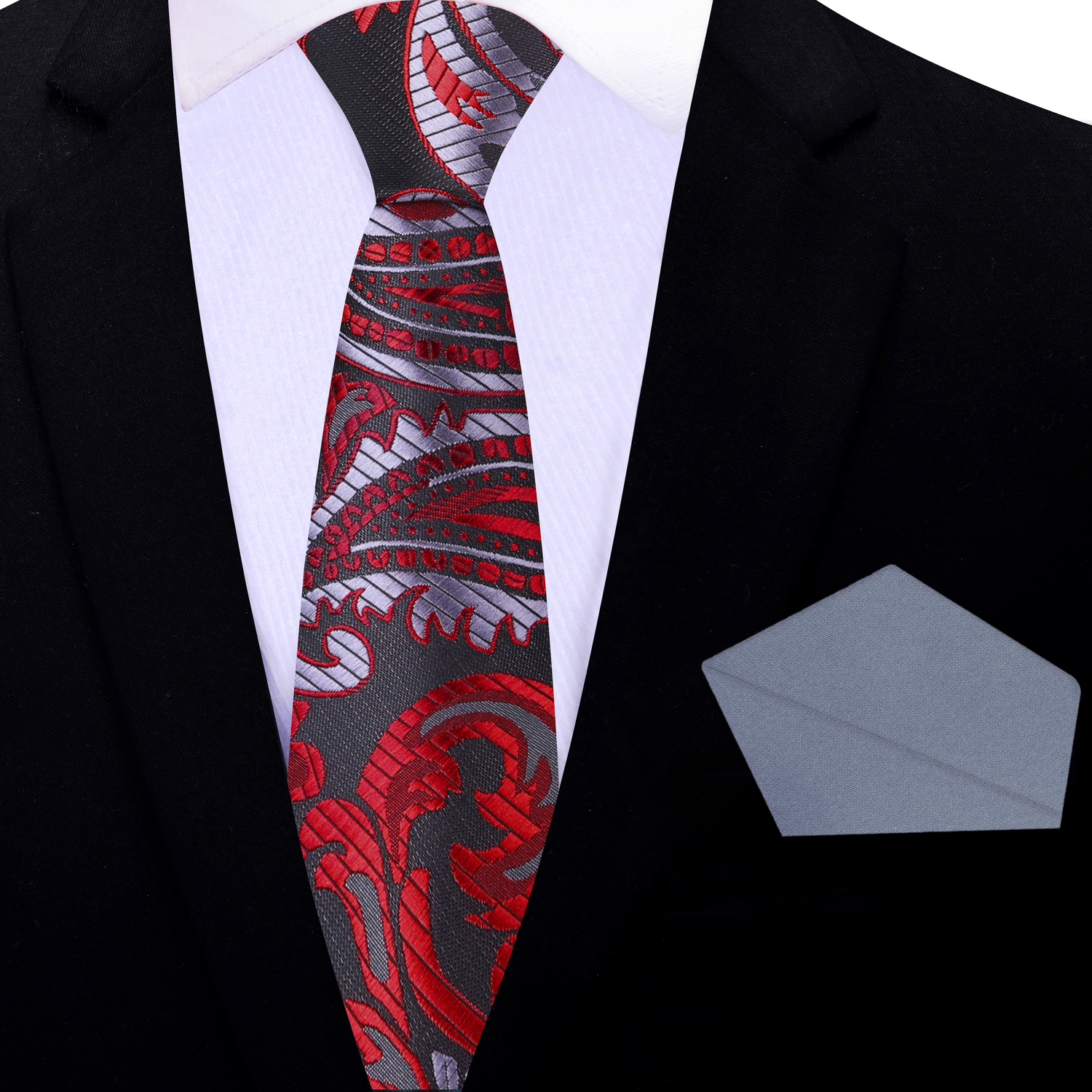 Thin Tie: Red, Black, Silver Paisley Necktie with Grey Pocket Square
