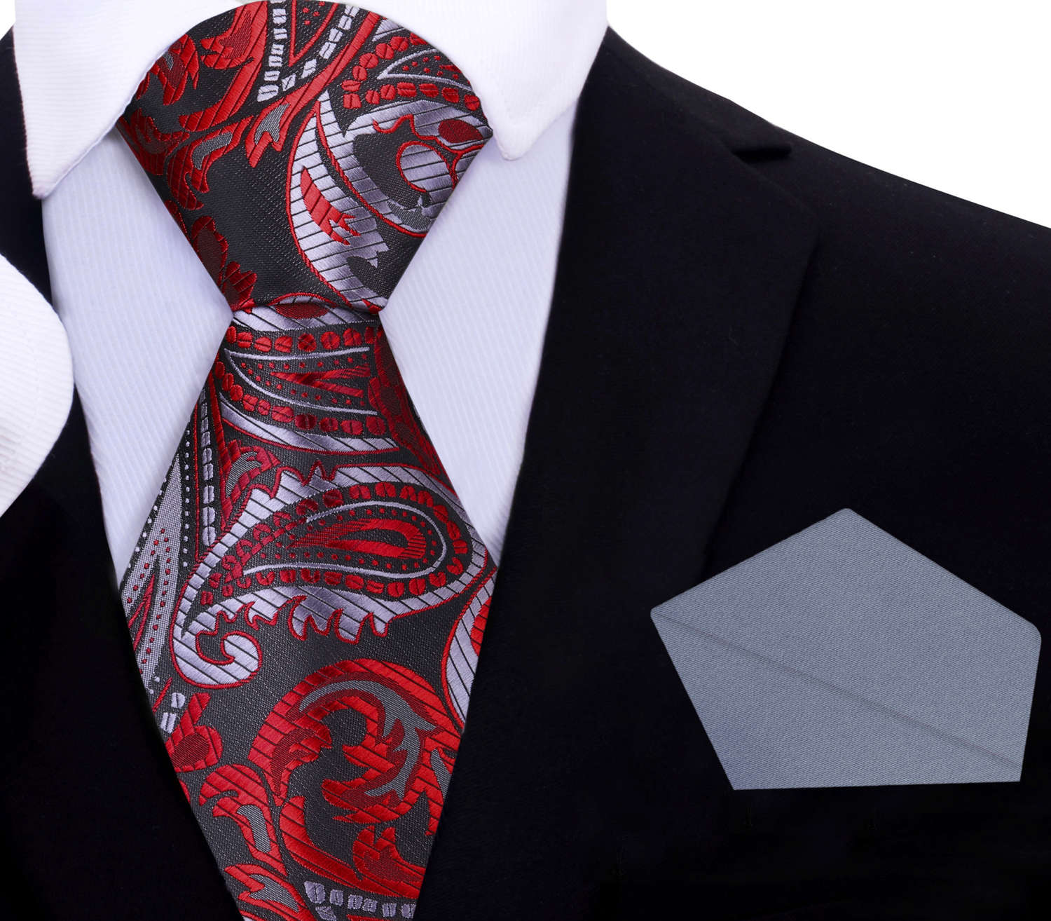 Red, Black, Silver Paisley Necktie with Grey Pocket Square