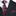 Black suit with a red and gray patterned tie and pocket square.