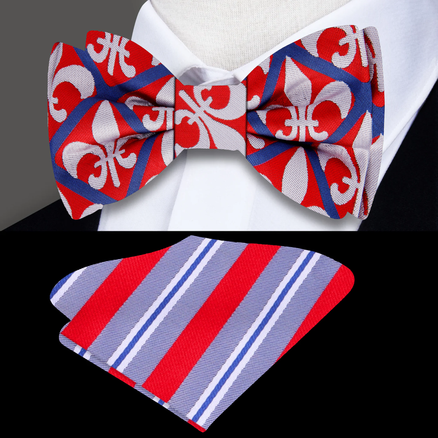 Red, Blue Fleur De Lis Bow Tie and Accenting Pocket Square