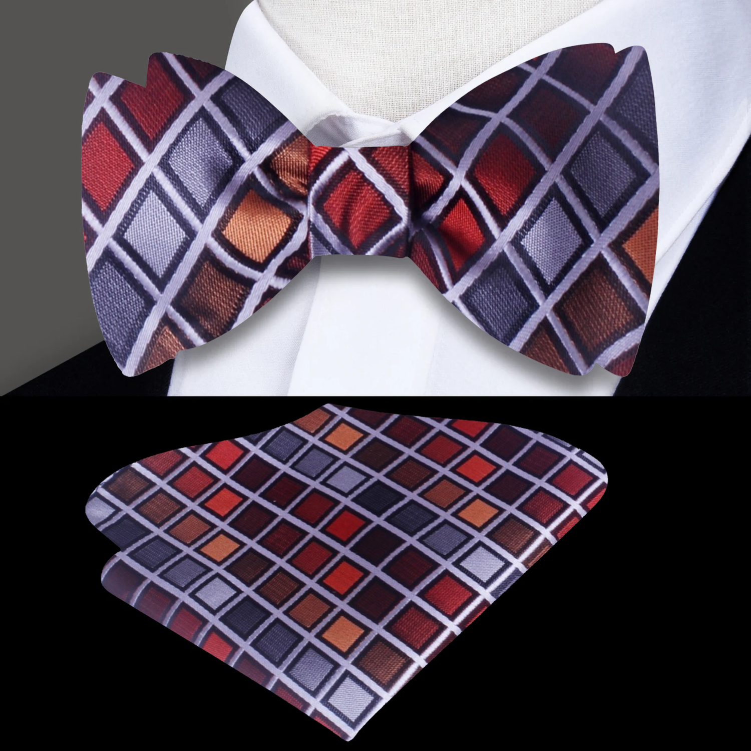 A Red, Orange, Grey Geometric Diamonds Pattern Silk Self Tie Bow Tie, Matching Pocket Square
