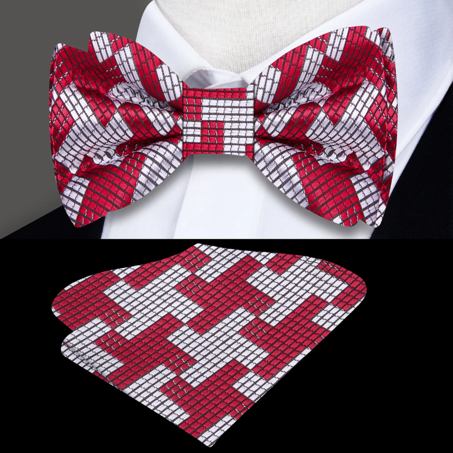 Red Grey Houndstooth Bow Tie and Pocket Square||Red