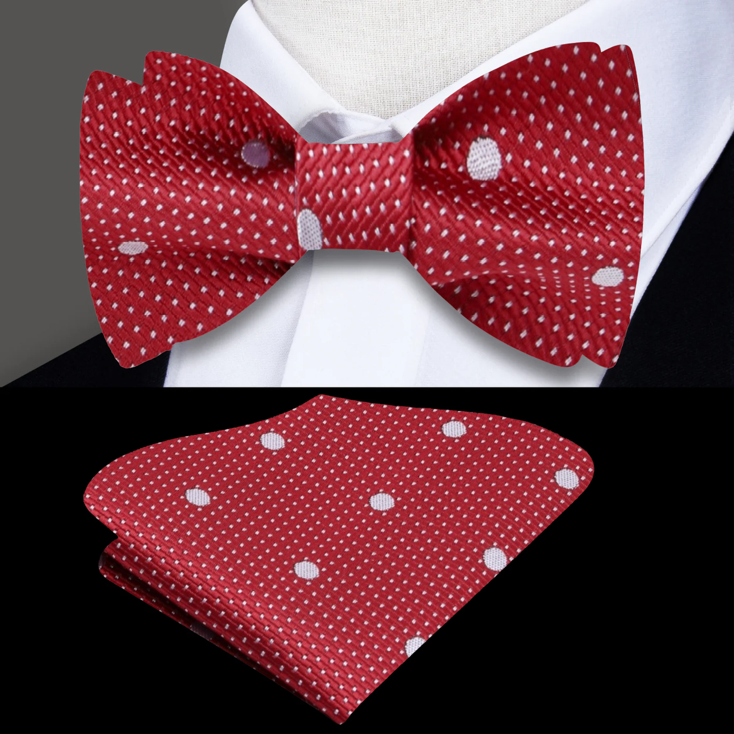 A Red, White Polka Dot Pattern Self Tie Bow Tie, Matching Pocket Square