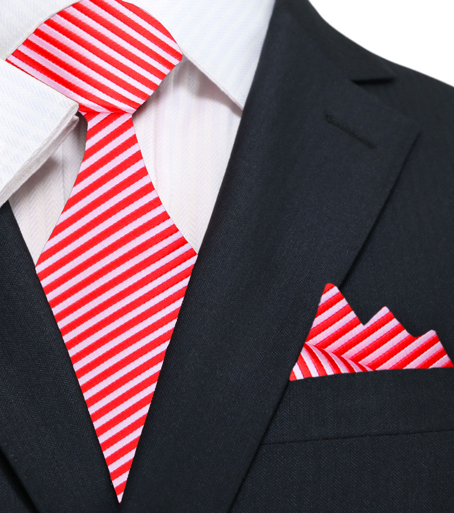 A Red, White Pinstripe Pattern Silk Necktie, Matching Pocket Square