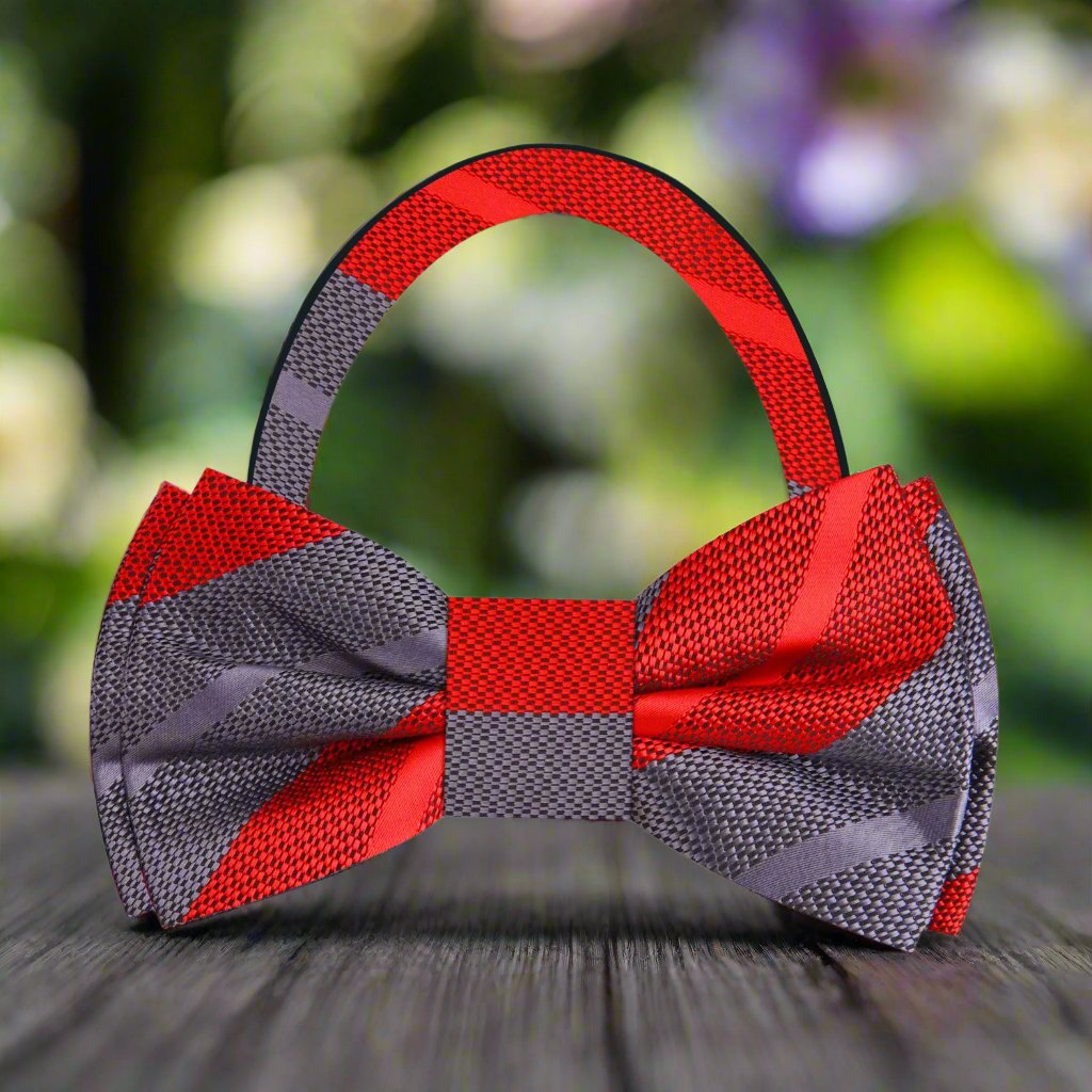 Red Grey Stripe Bow Tie Pre Tied