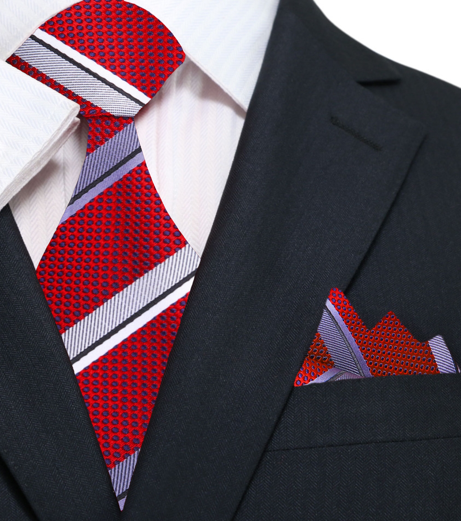 A Red, Grey, White Stripe Pattern Silk Necktie, With Matching Pocket Square