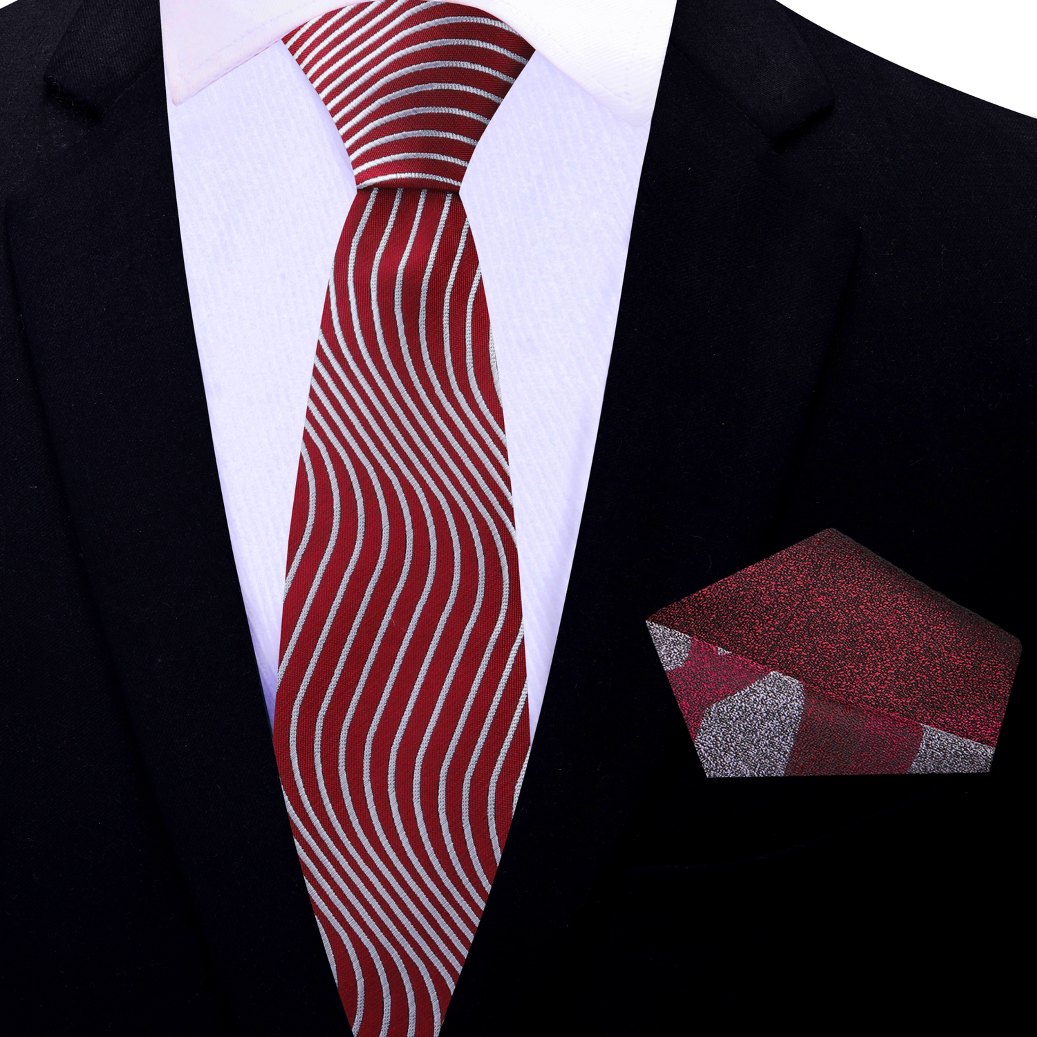 Thin Tie: Red, Grey Abstract Necktie and Square