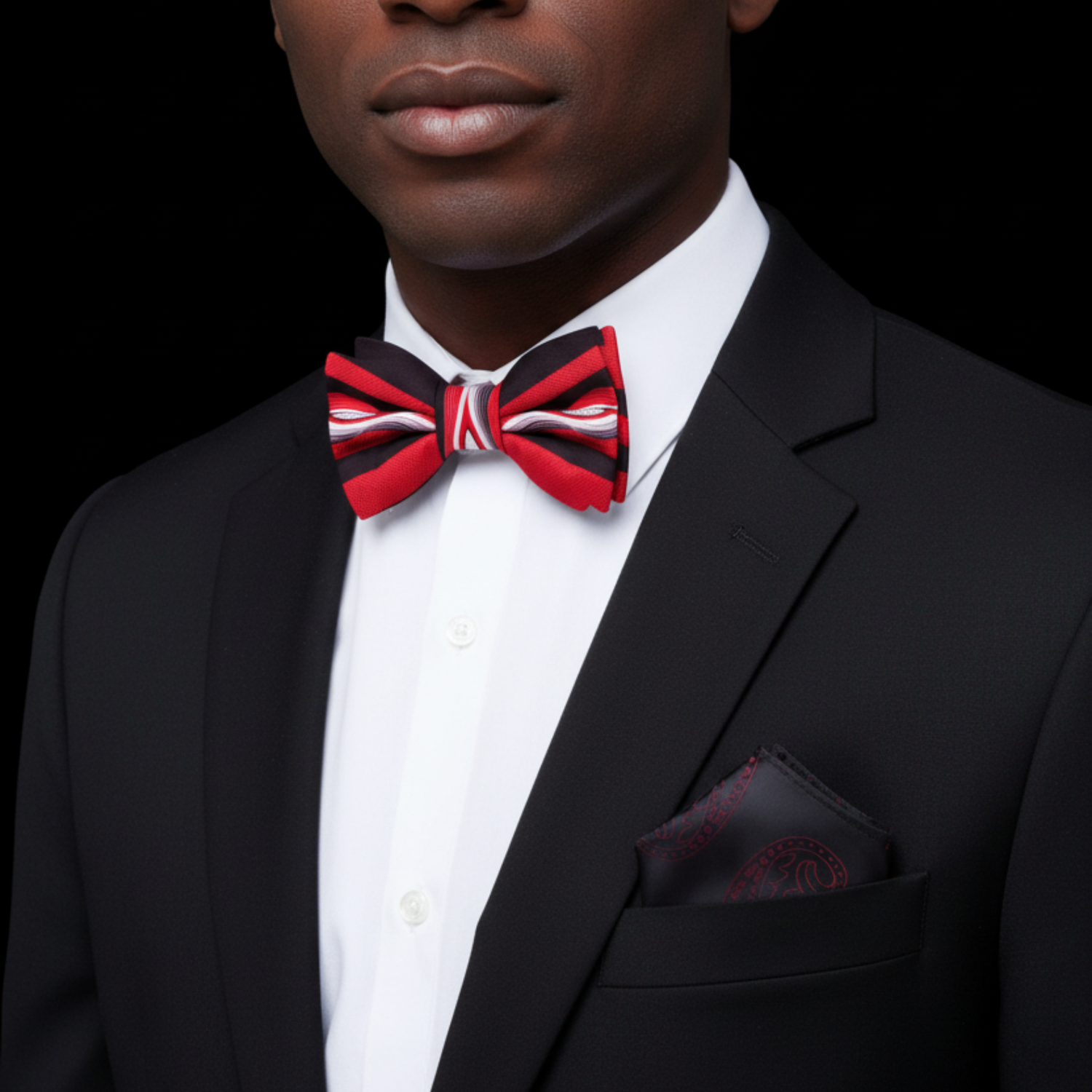 Man wearing red and black bow tie and accenting square