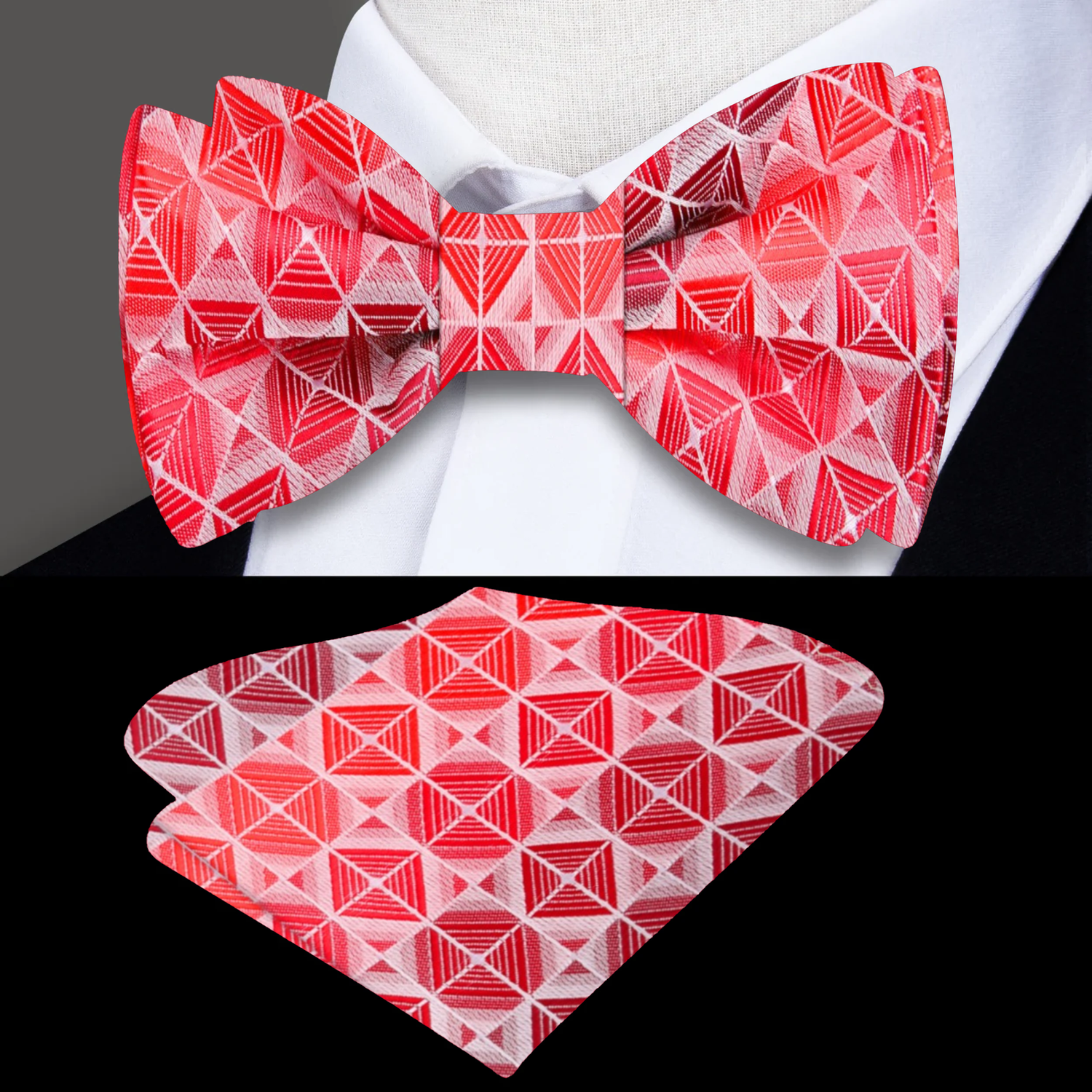 Main: Shades of Red Geometric Bow Tie and Matching Square 
