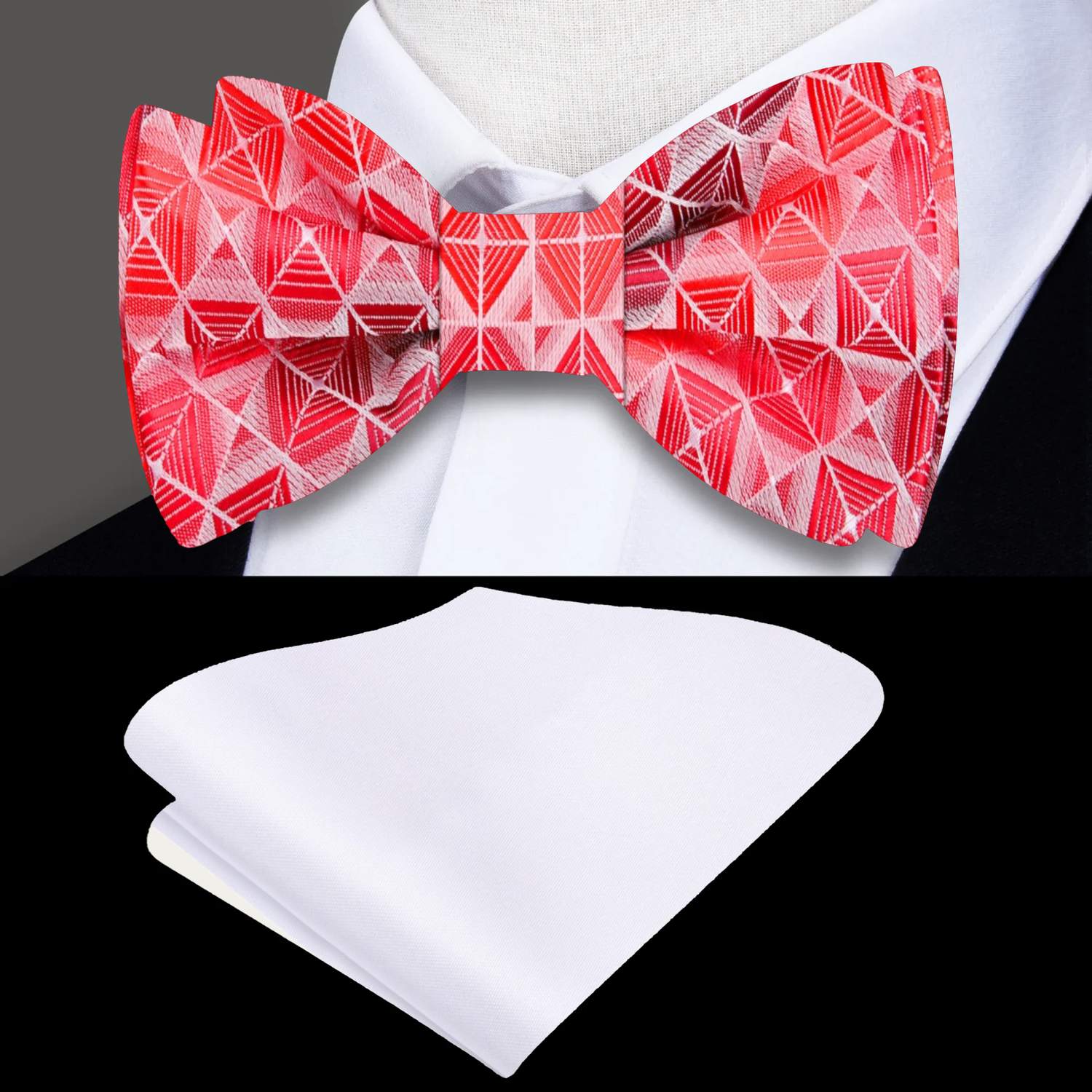 Main: Shades of Red Geometric Bow Tie and White Square on Suit