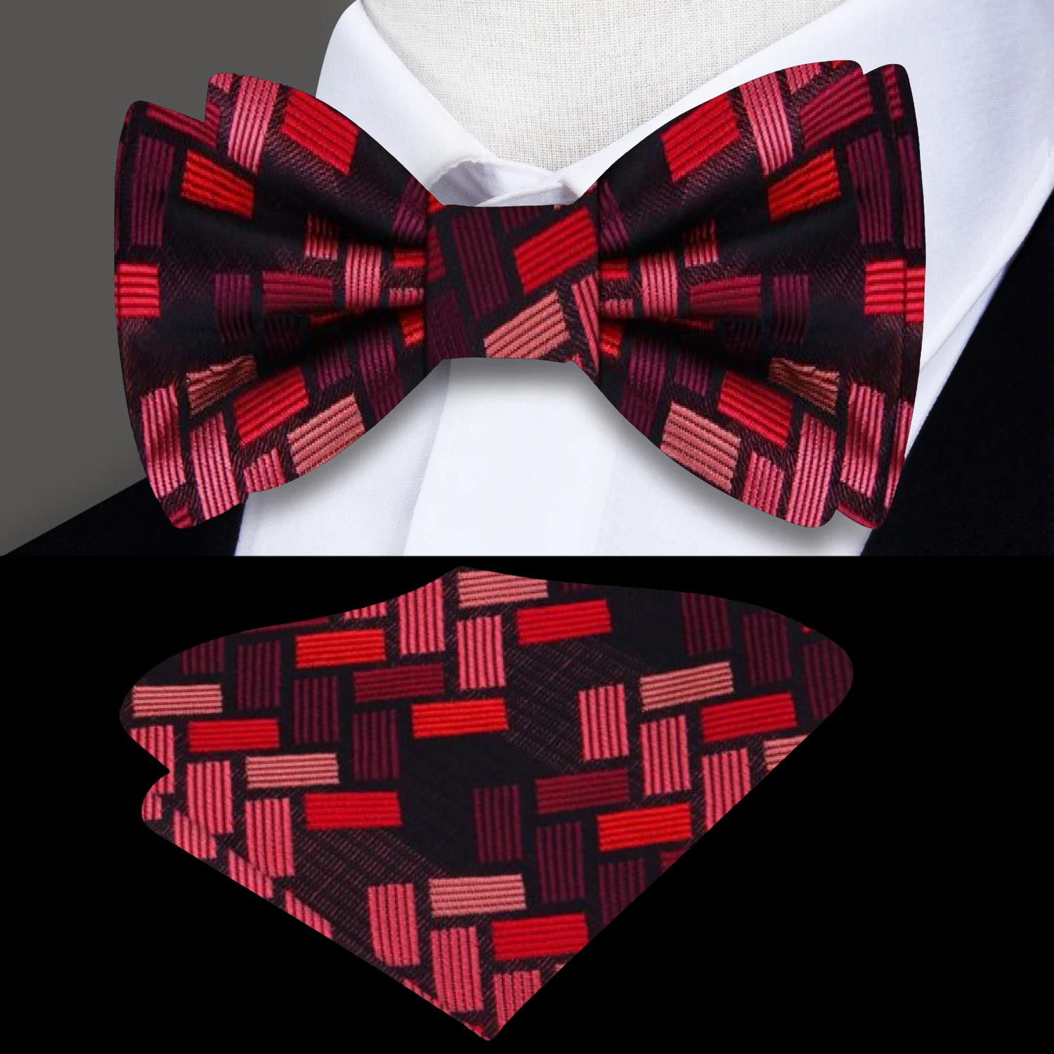 Red Blocks Bow Tie and Pocket Square||Red, Dark Red, Light Red