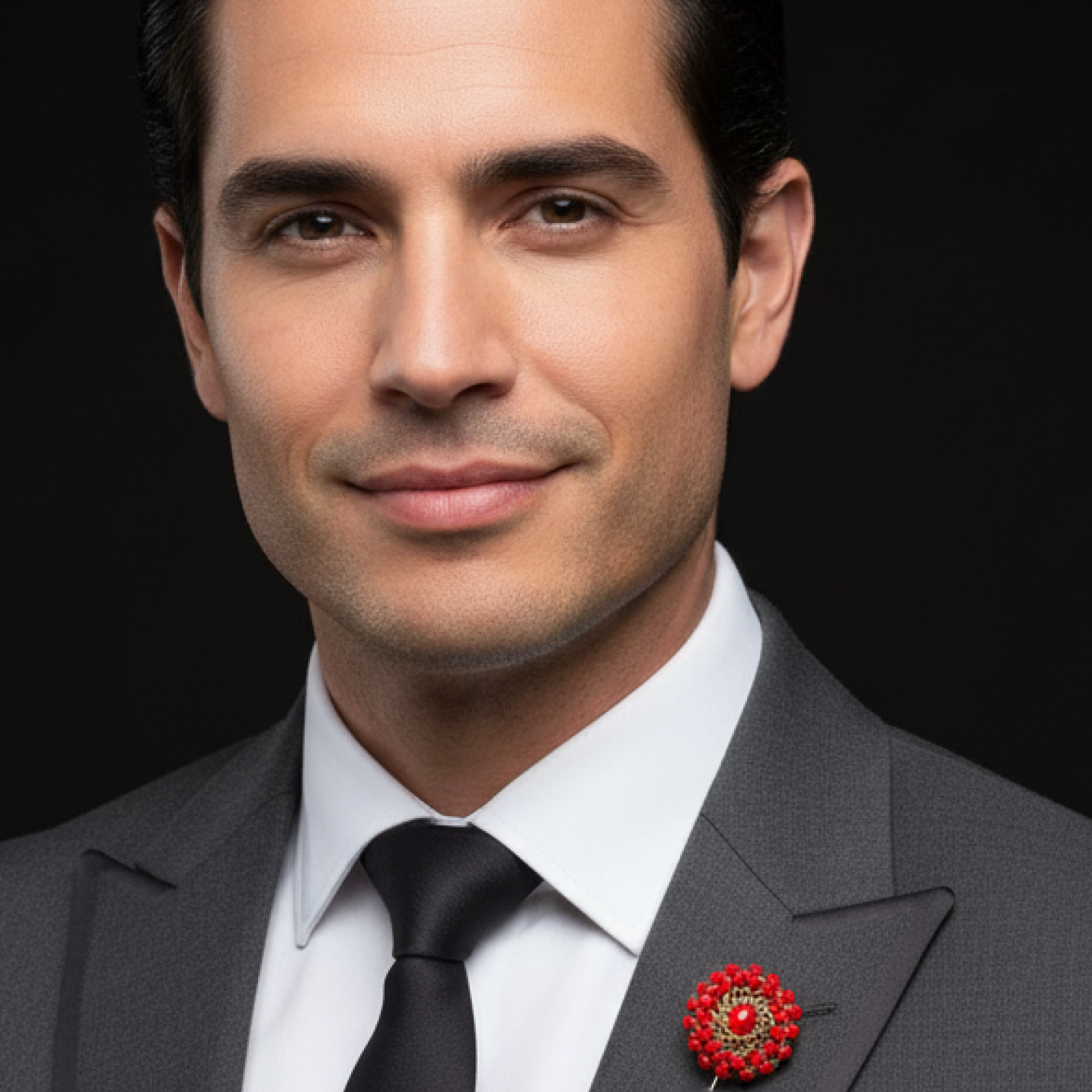 Man wearing a gray suit with a red brooch against a black background
