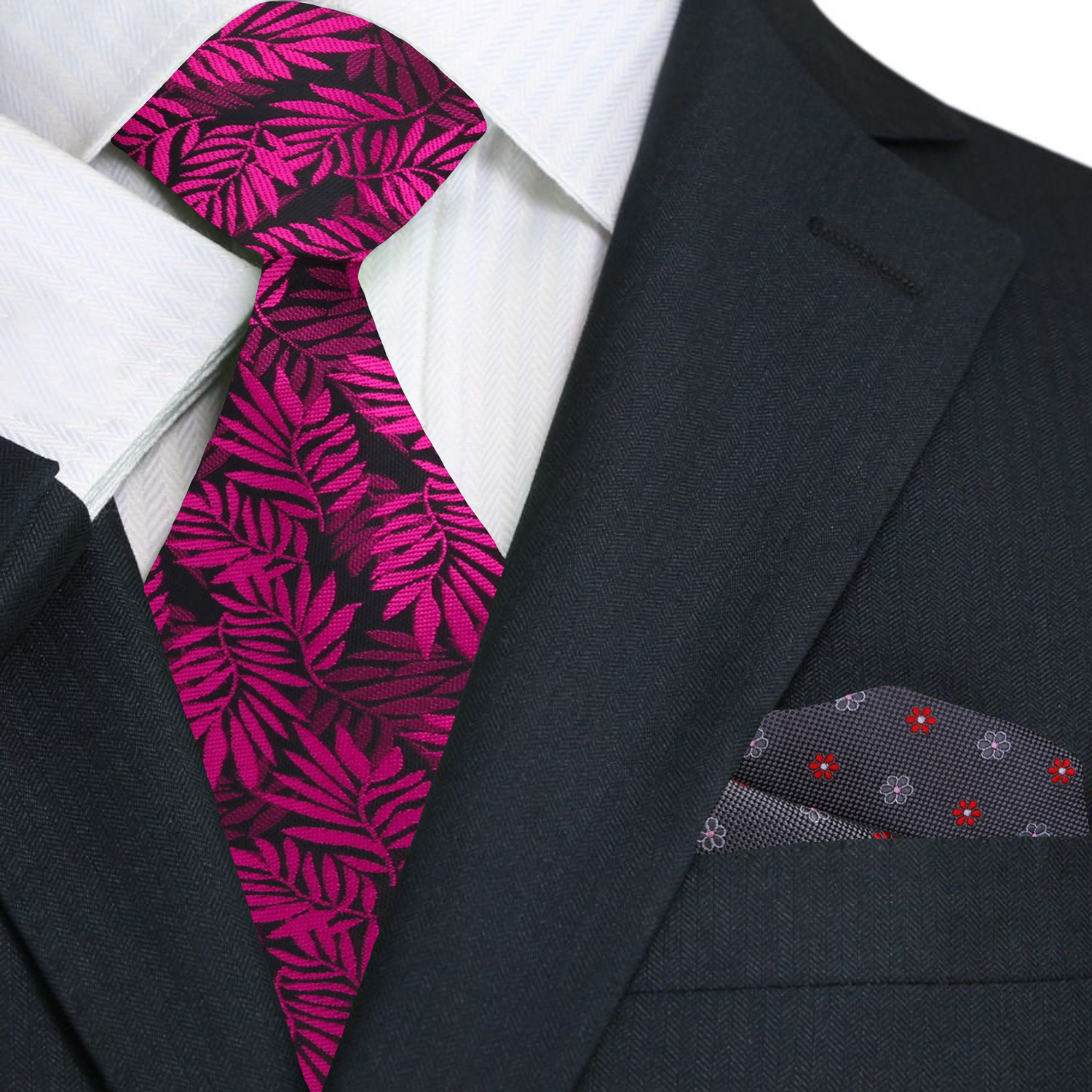 Black with Reddish Pink Leaves Necktie and Grey, Red and Pink Small Flowers Square