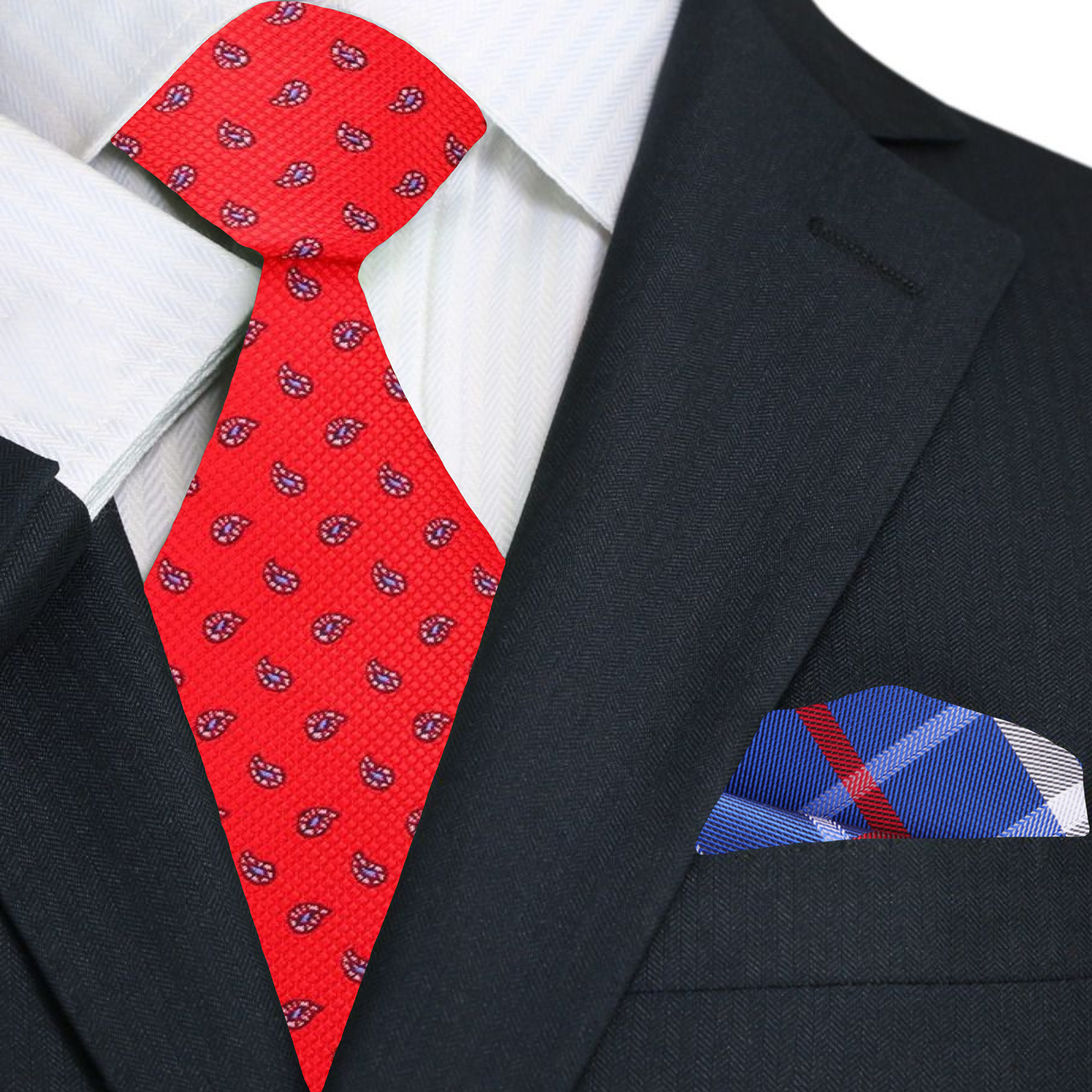 Red, Light Blue, Black Paisley Tie and Pocket Square