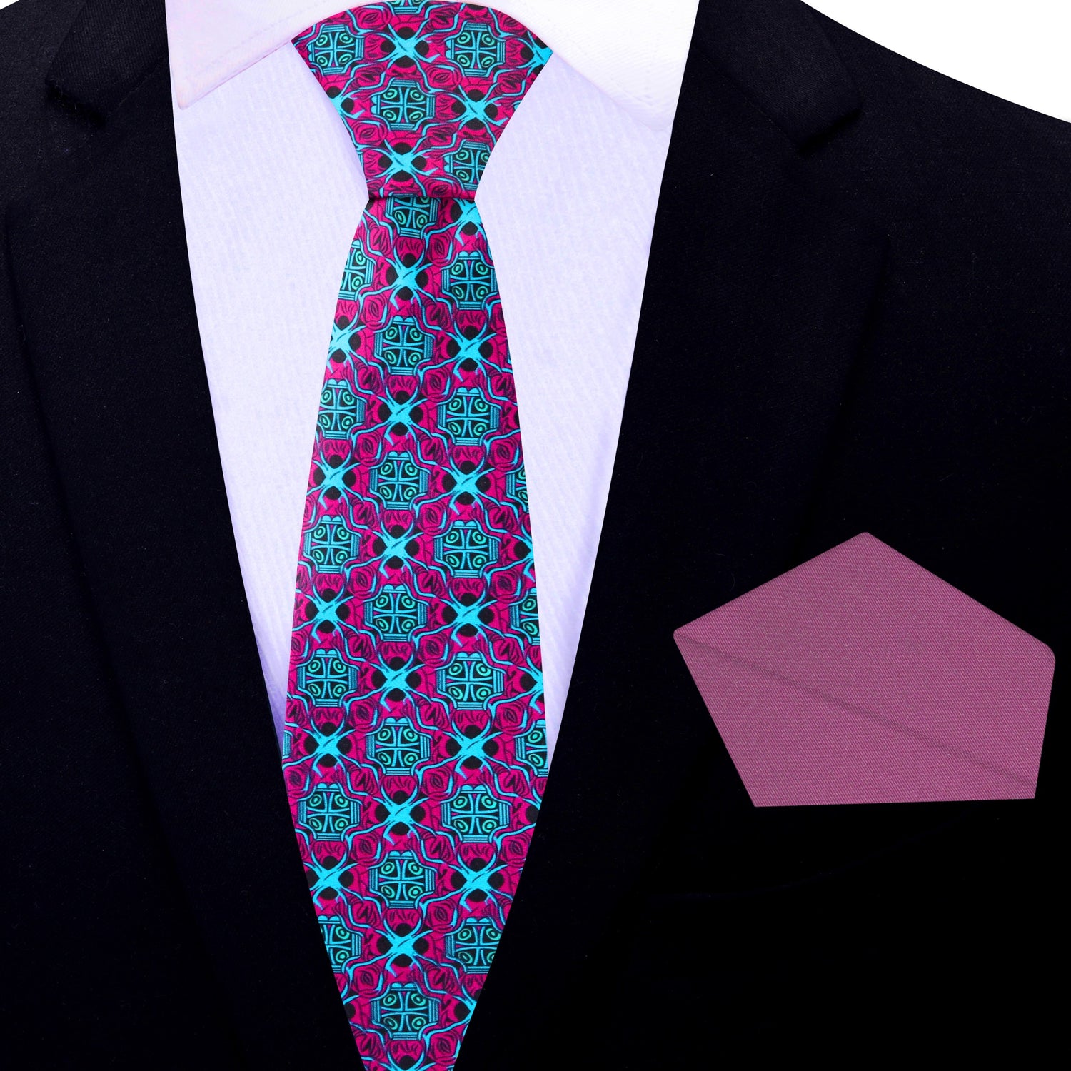 Thin Tie: Red, Light Blue Abstract Tie and Wine Square