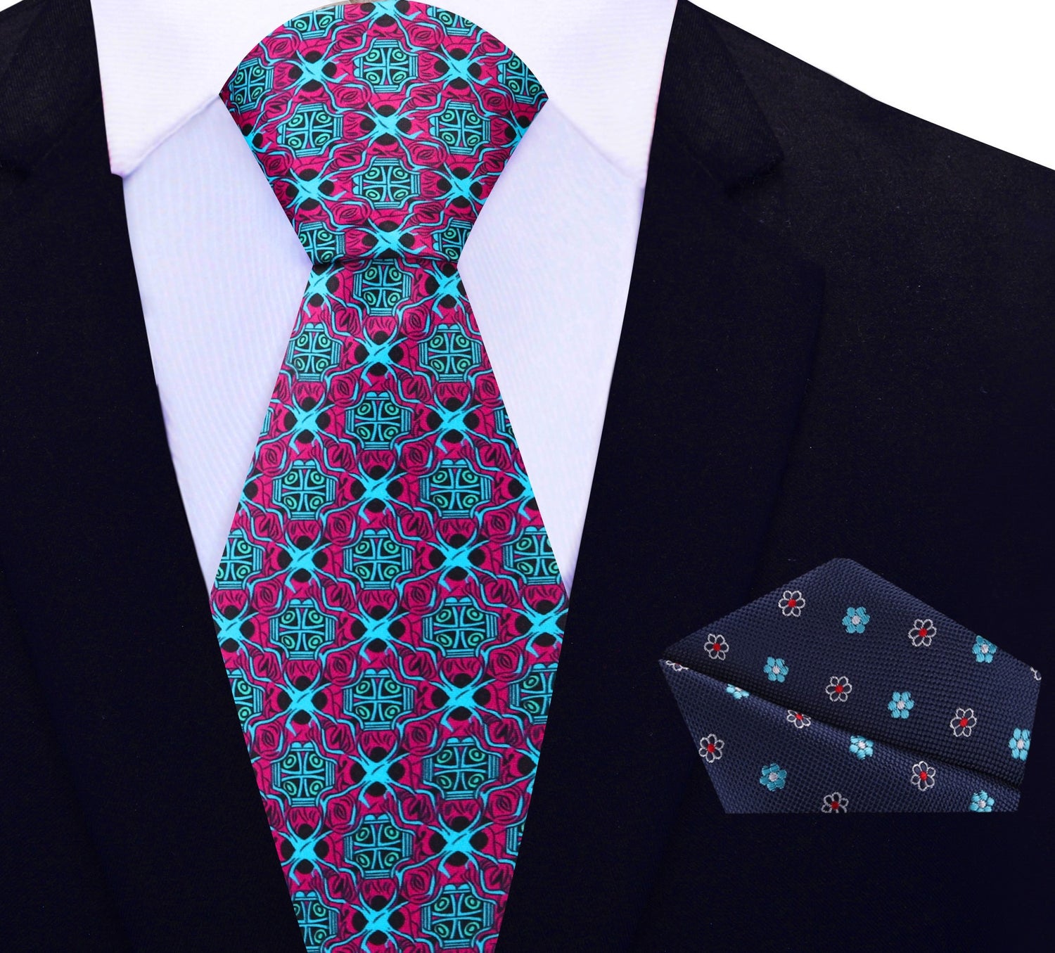 Main View: Red, Light Blue Abstract Tie and Blue, Red Flowers Square
