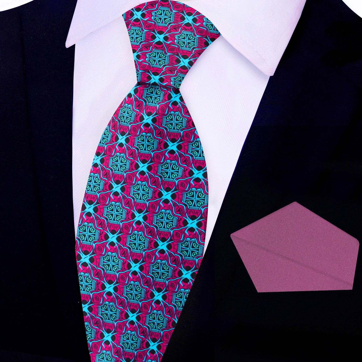 View 2: Red, Light Blue Abstract Tie and Wine Square