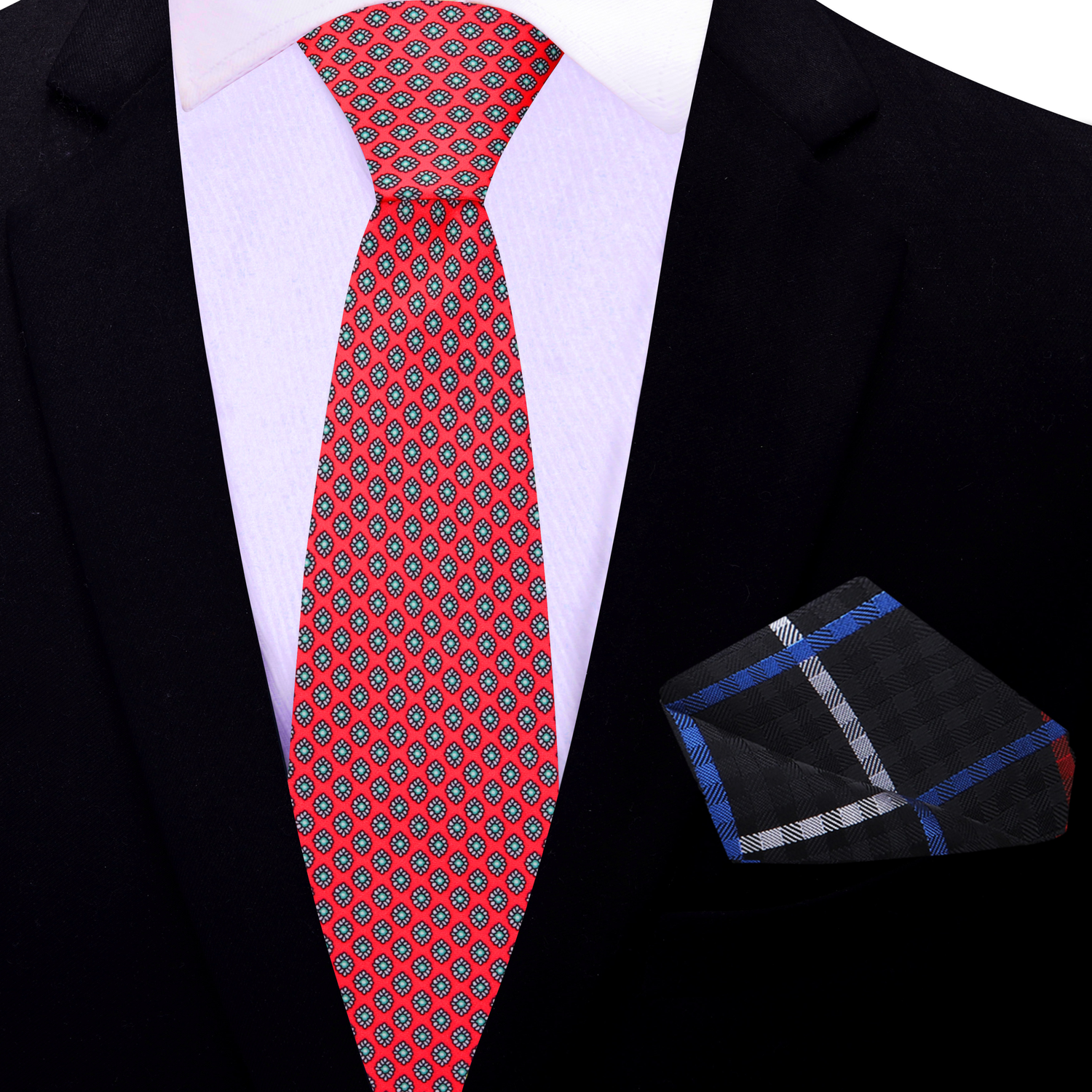 Thin Tie: Red Small Medallion Necktie and Black, Red, Grey Plaid Square