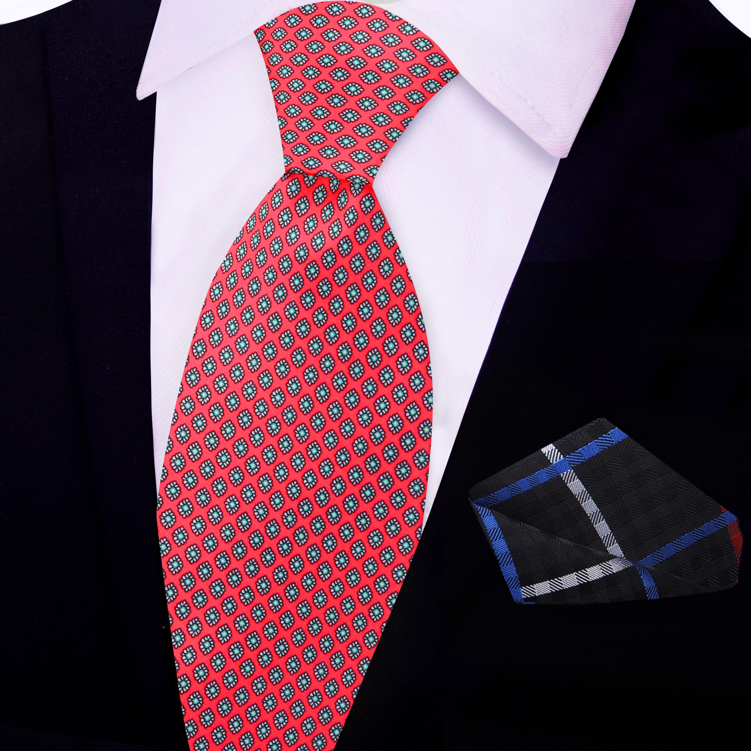 View 2: Red Small Medallion Necktie and Black, Red, Grey Plaid Square