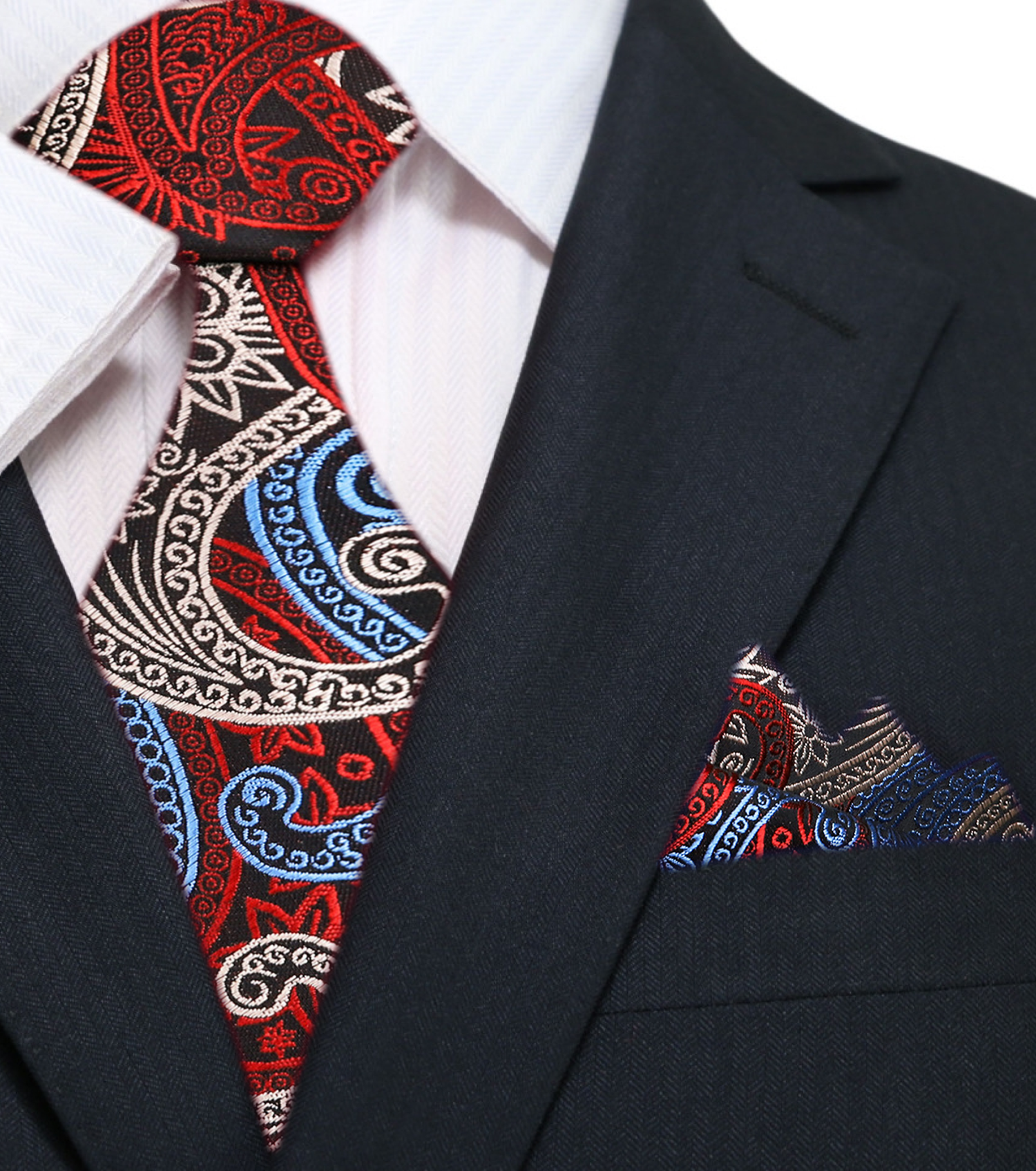 Red Light Brown Light Blue Superb Paisley Necktie and Square
