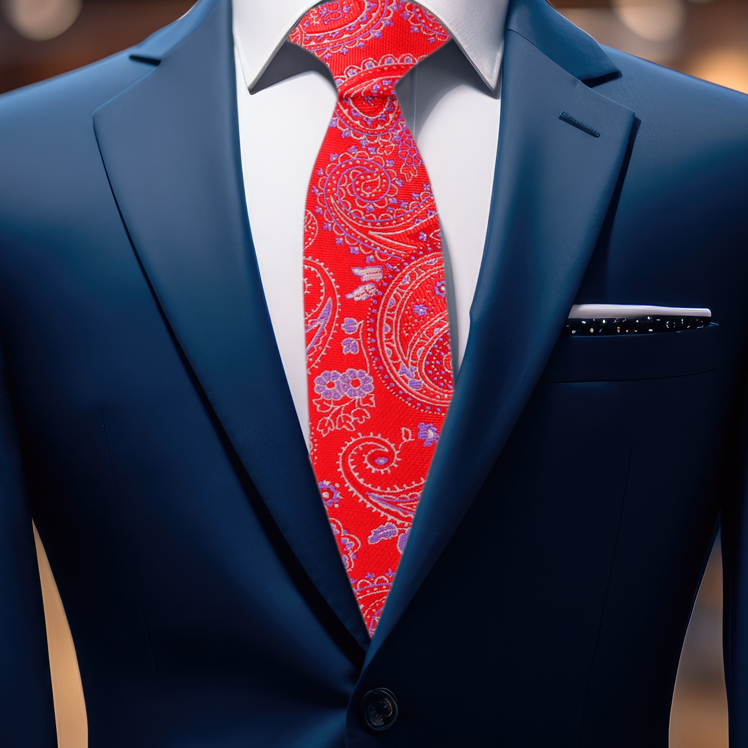 Red, Light Purple Paisley Necktie on Blue Suit