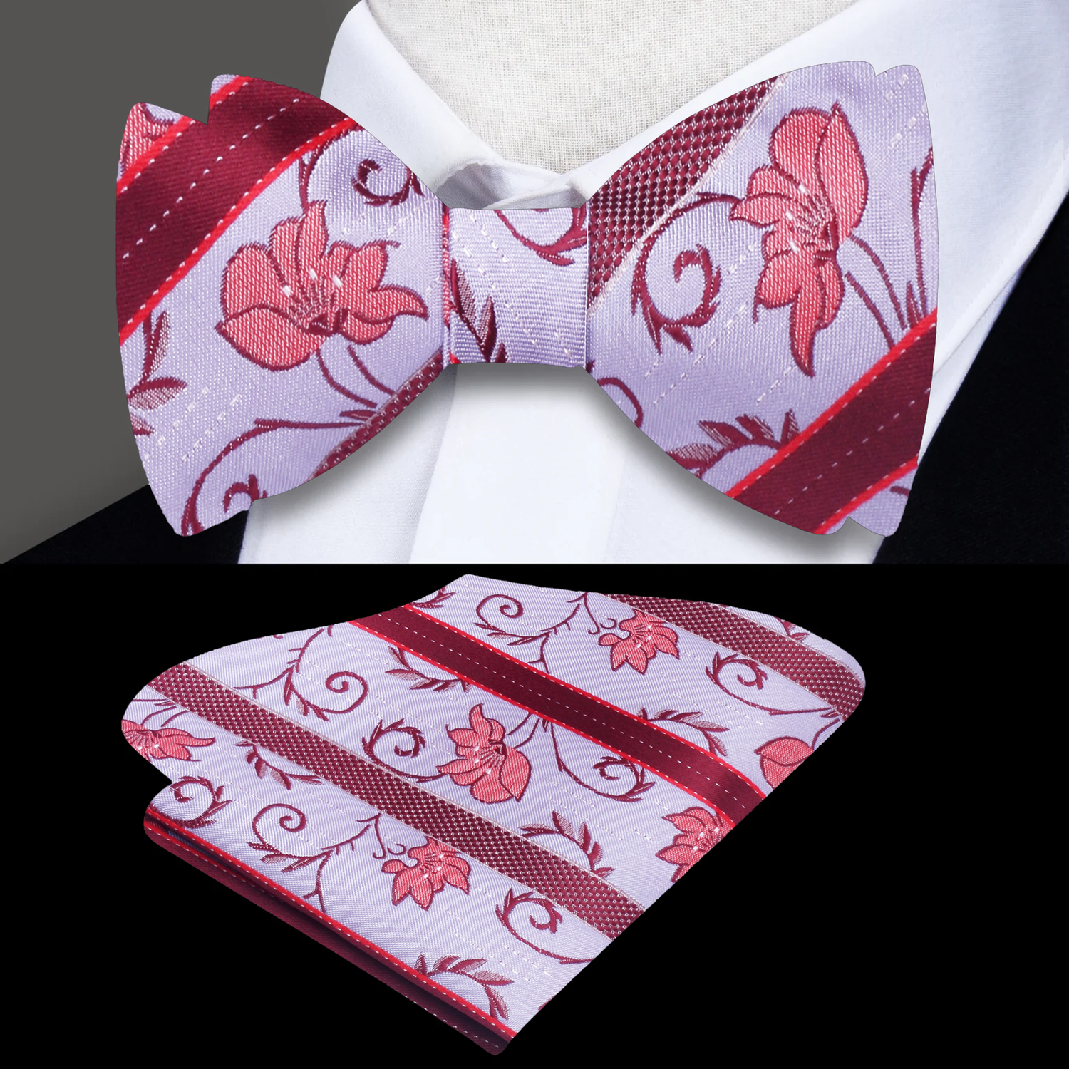 A Pink, Red Floral Pattern Silk Self Tie Bow Tie, Matching Pocket Square