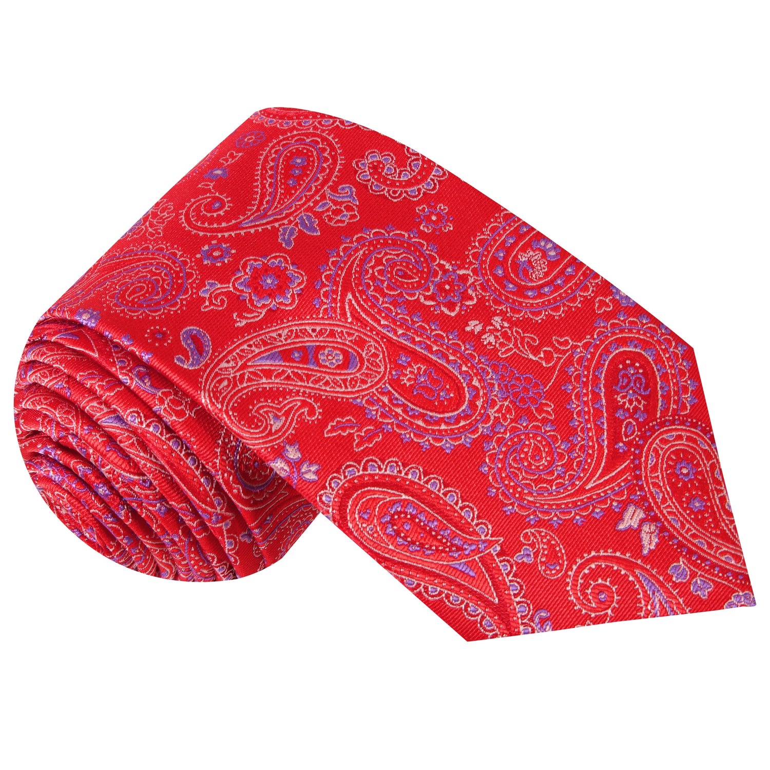 Tie Rolled Up View: Red, Light Purple Paisley Necktie